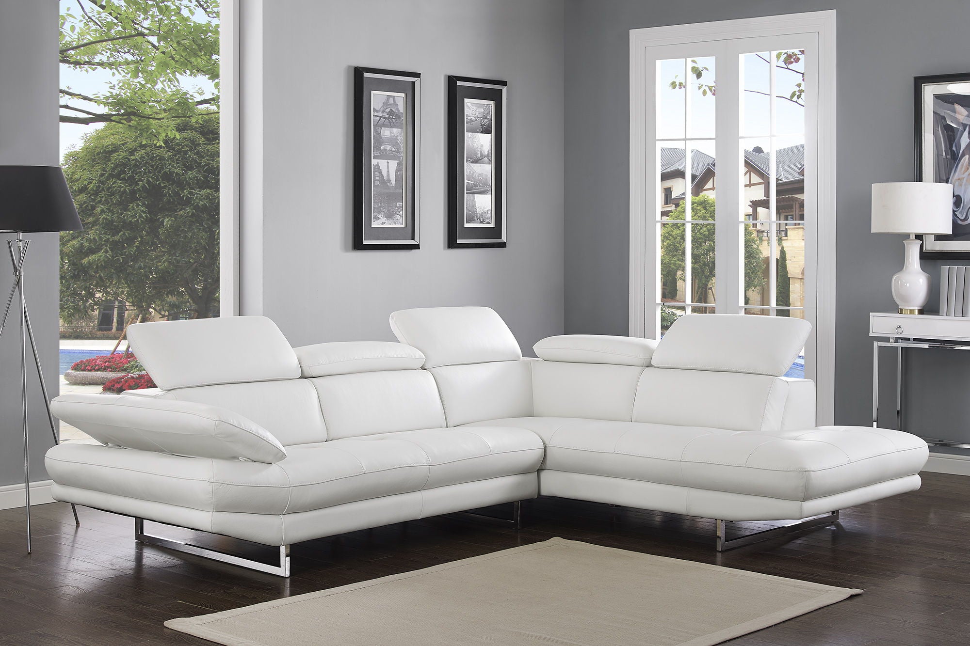 Leather Sofa Chaise With Silver Legs - White Top Grain