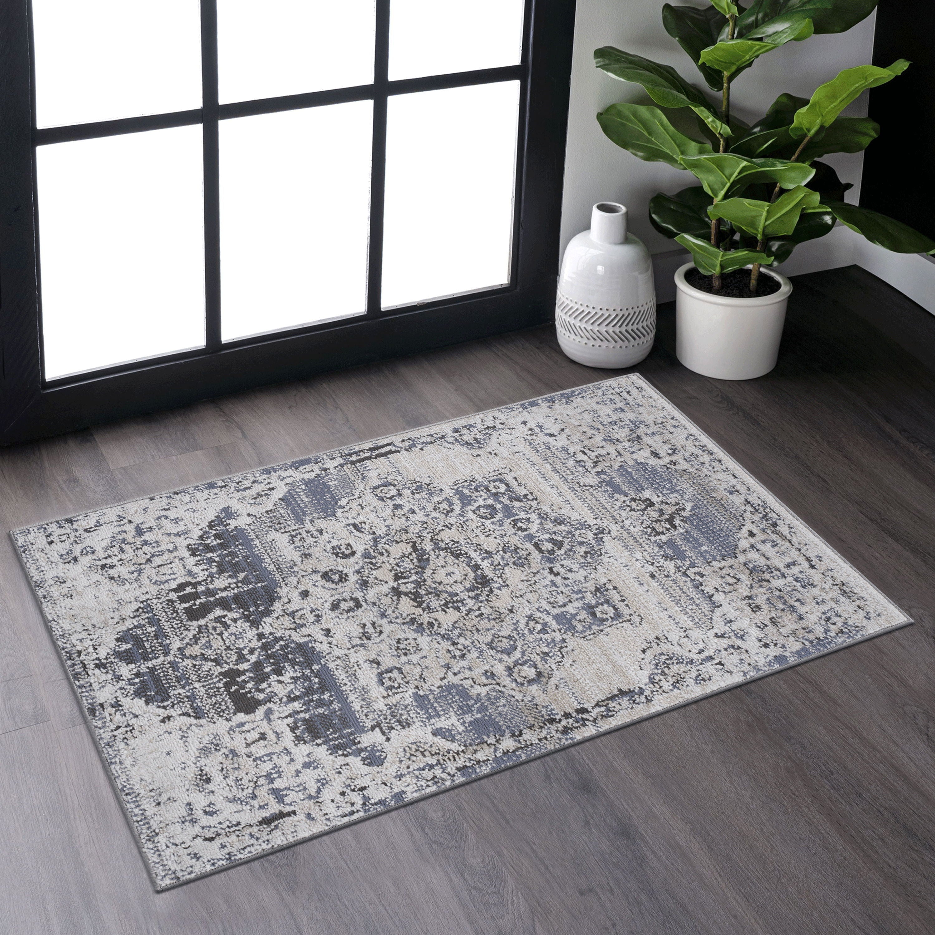 Payas - 2' x 3' Medallion Non-Shedding Stylish And Stain Resistant Area Rug - Cream / Blue