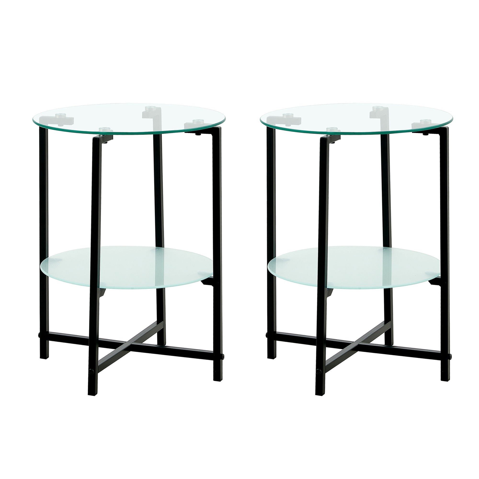 JWS Tempered Glass End Table (Set of 2) , Round Coffee Table For Bedroom Living Room Office - Black