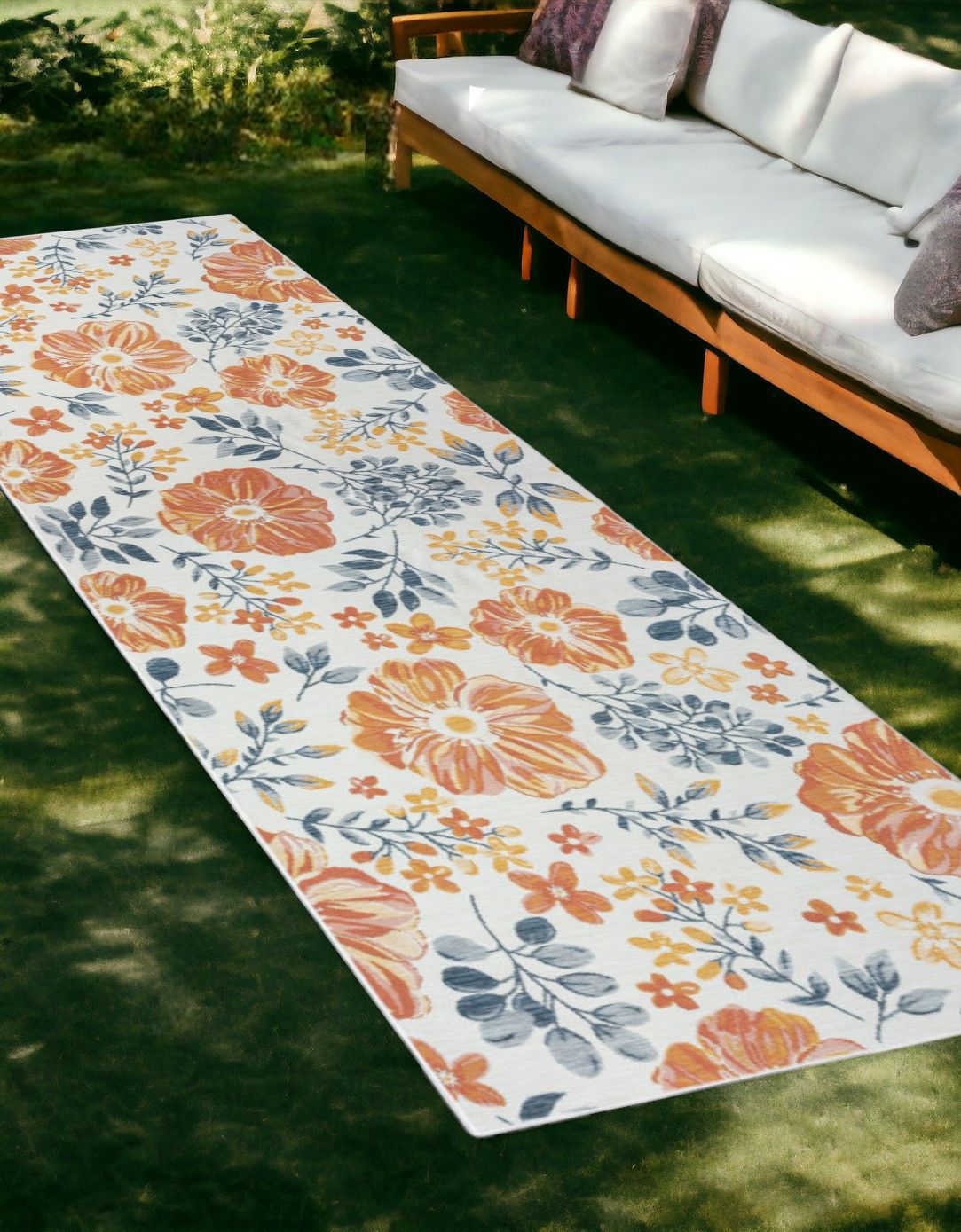 2' X 8' Floral Stain Resistant Indoor / Outdoor Runner Rug - Ivory Orange / Blue