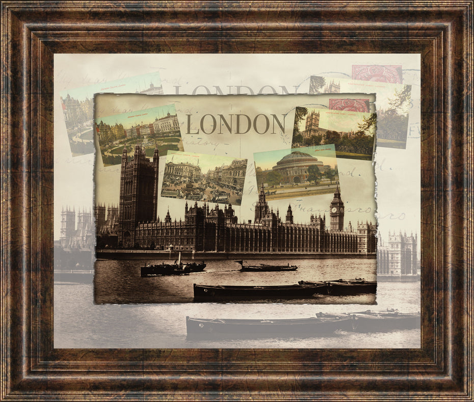 London Postcard By- Framed Print Wall Art - Dark Brown