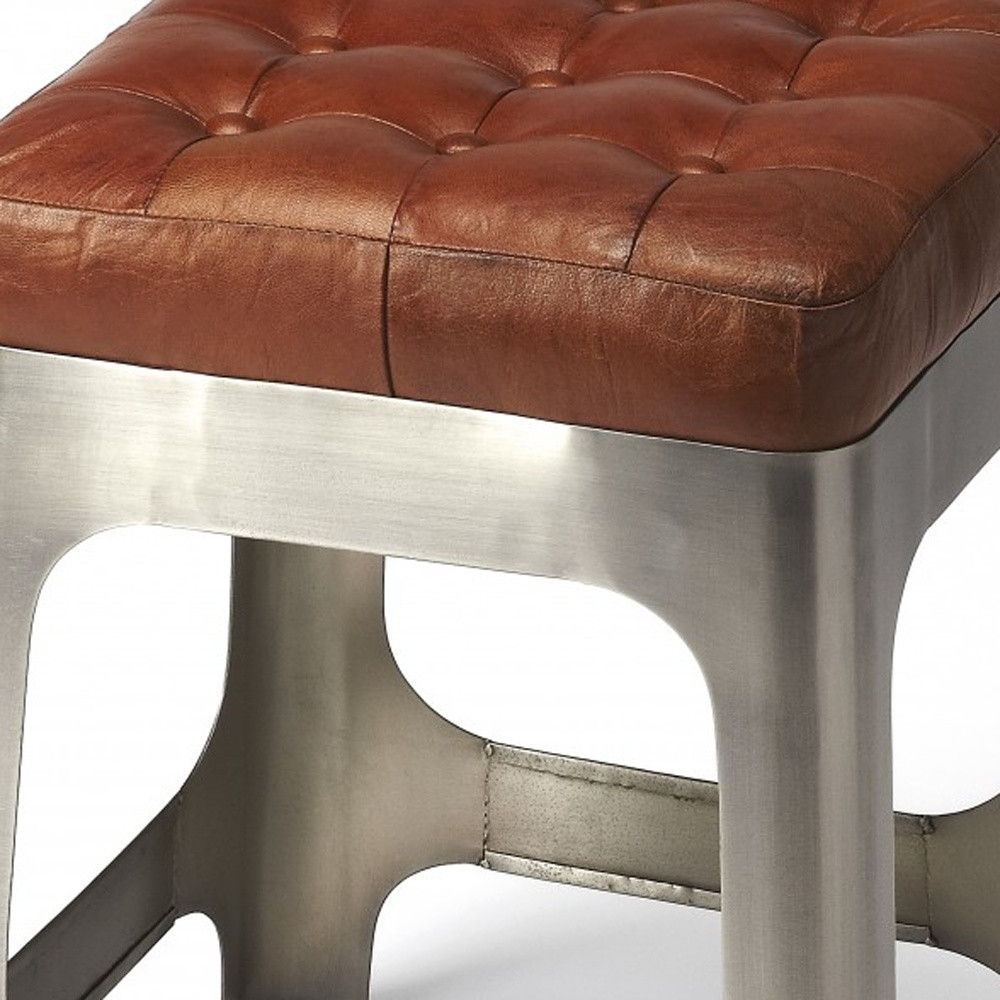 Leather And Iron Backless Bar Chair - Brown / Silver