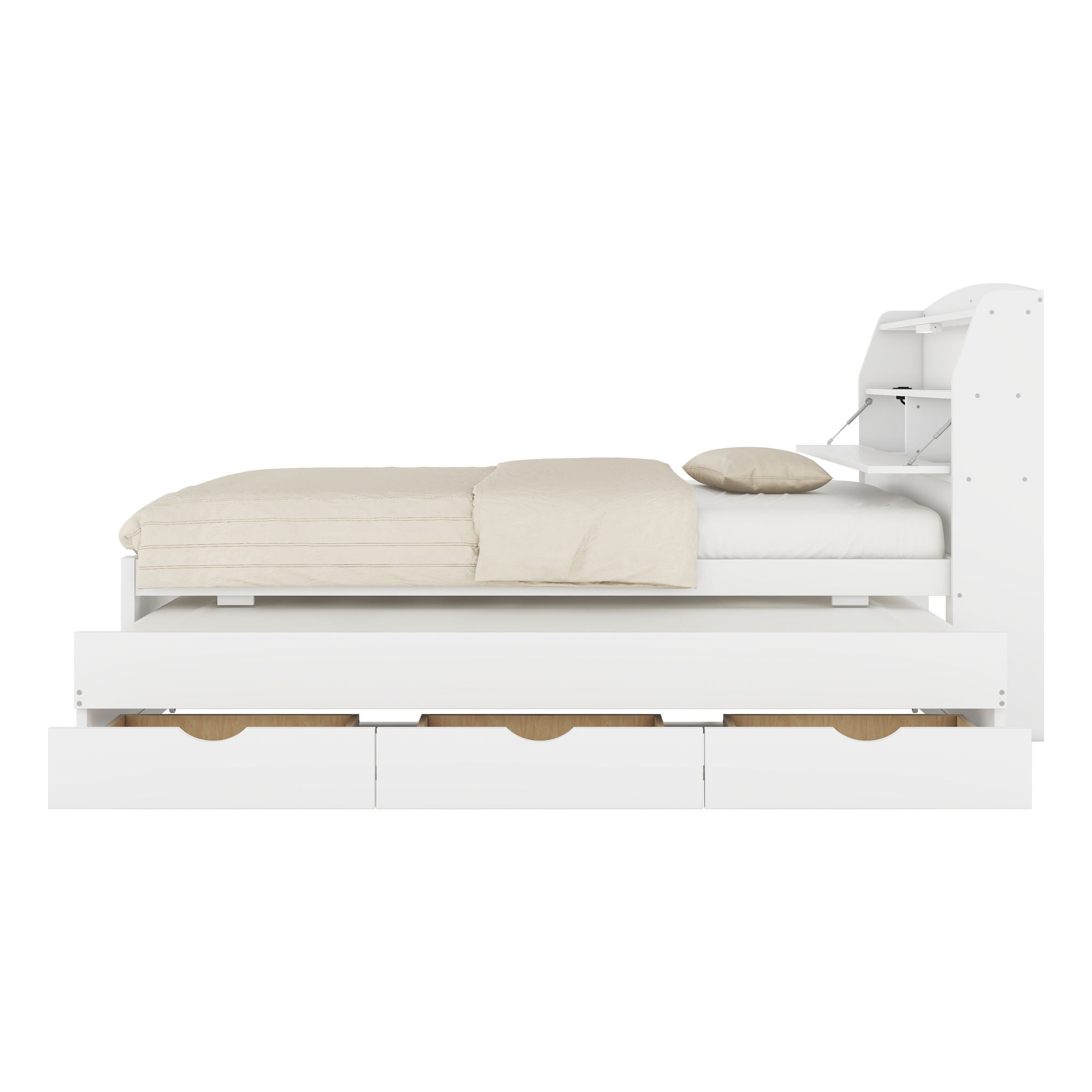 Wooden LED Platform Bed With Trundle, With Storage Headboard, With Drawers