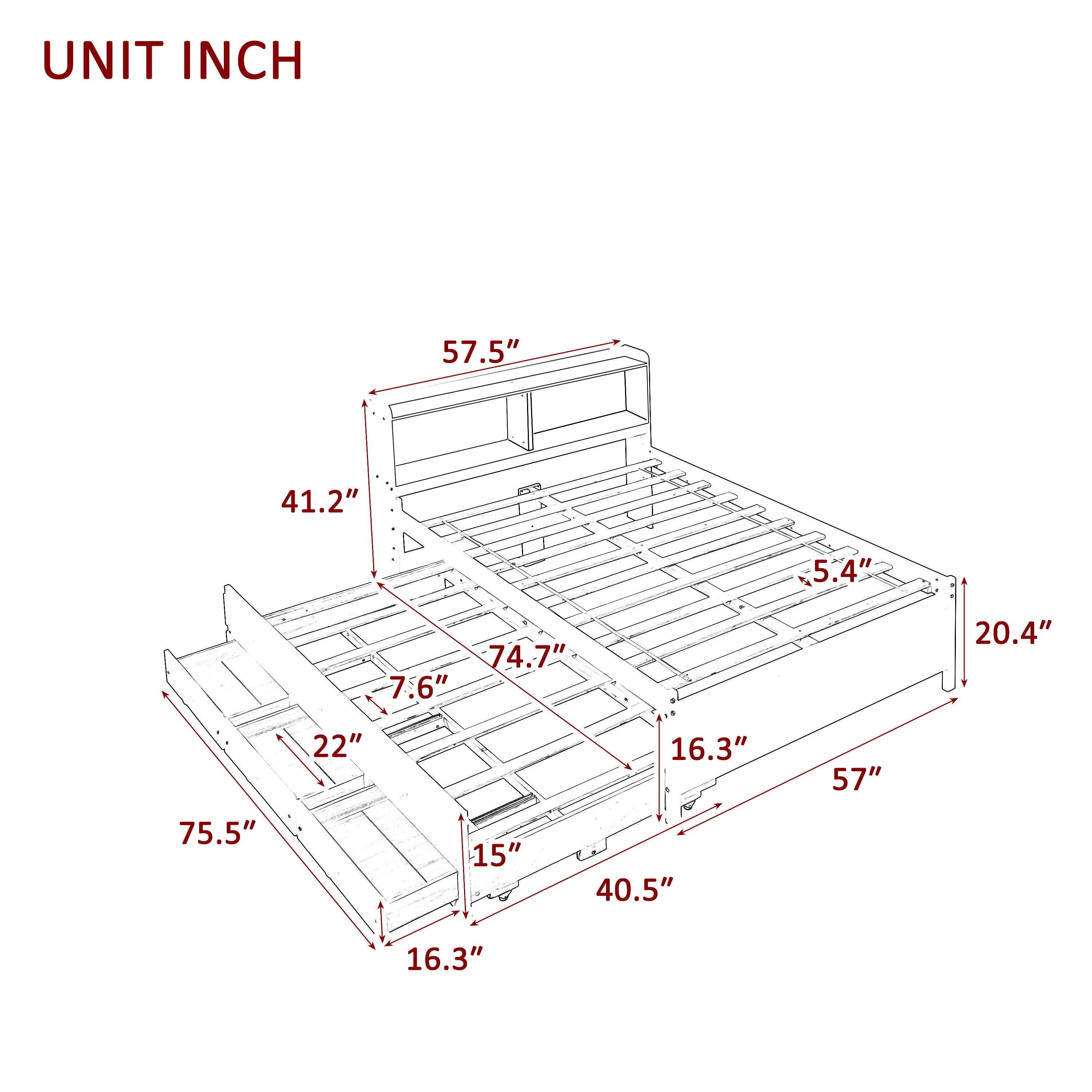 Bed With Bookcase, Twin Trundle, Drawers