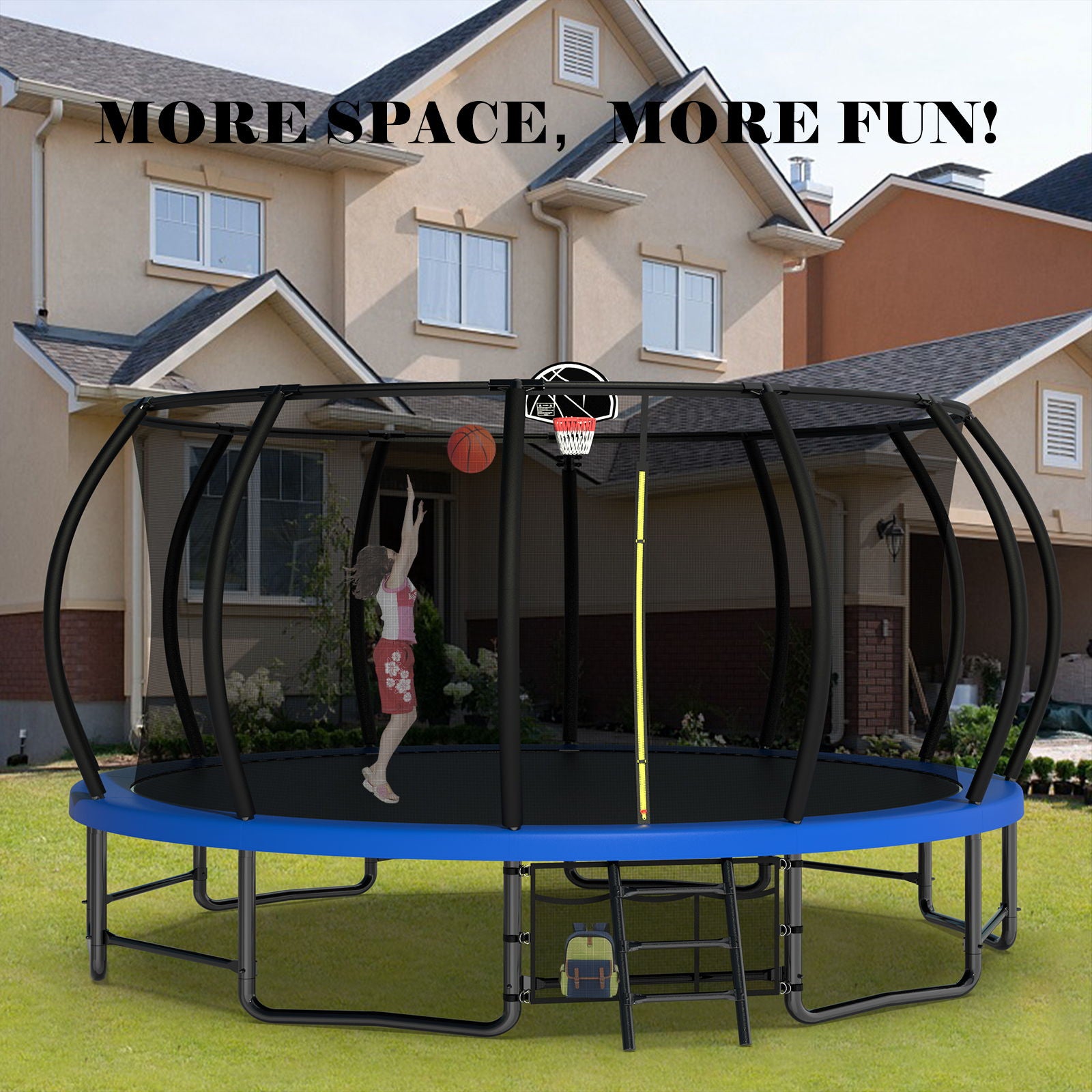 Outdoor Trampoline For Kids And Adults, Pumpkin Trampolines With Curved Poles, Heavy Duty Trampoline Anti-Rust Coating Astm Approval - Blue