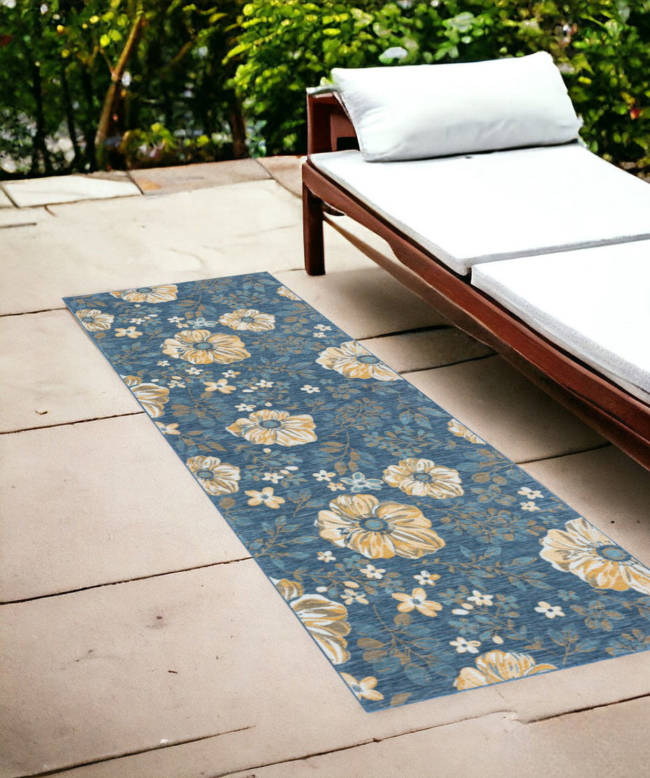 2' X 8' Floral Stain Resistant Indoor / Outdoor Runner Rug - Blue White / Yellow