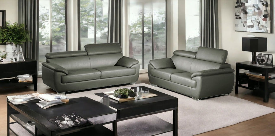 2 Piece Five Person Seating Set Indoor Genuine Leather - Gray