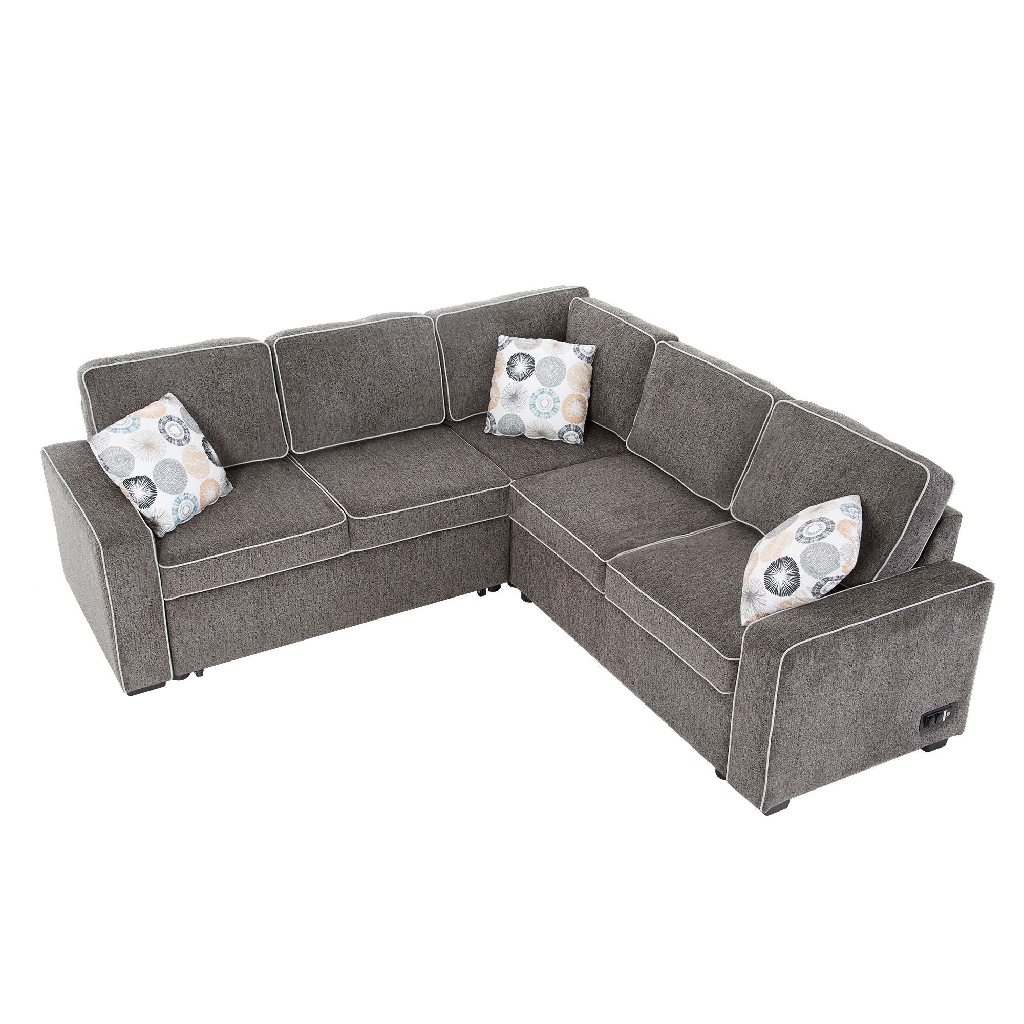 L-Shaped Pull Out Sofa Bed Modern Convertible Sleeper Sofa With 2 USB Ports, 2 Power Sockets And 3 Pillows For Living Room