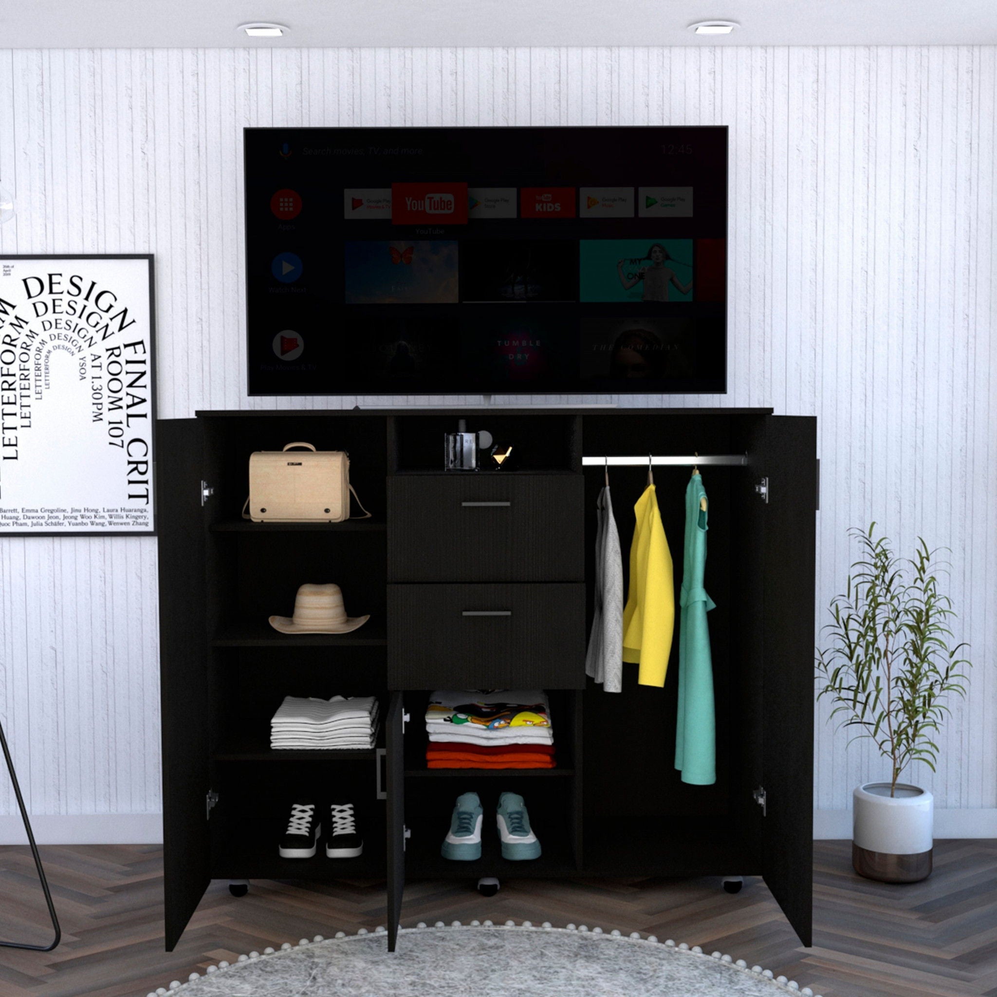 Three Door Closet With Two Drawers - Black