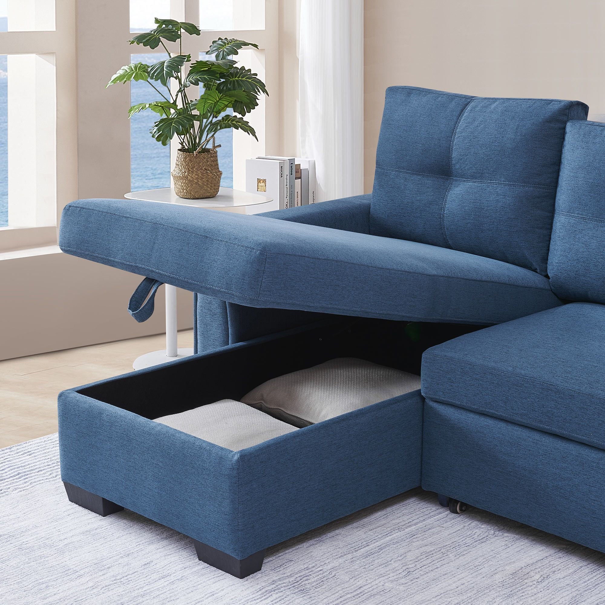 Polyester Blend Convertible Futon Sleeper Sofa With Black Legs - Blue