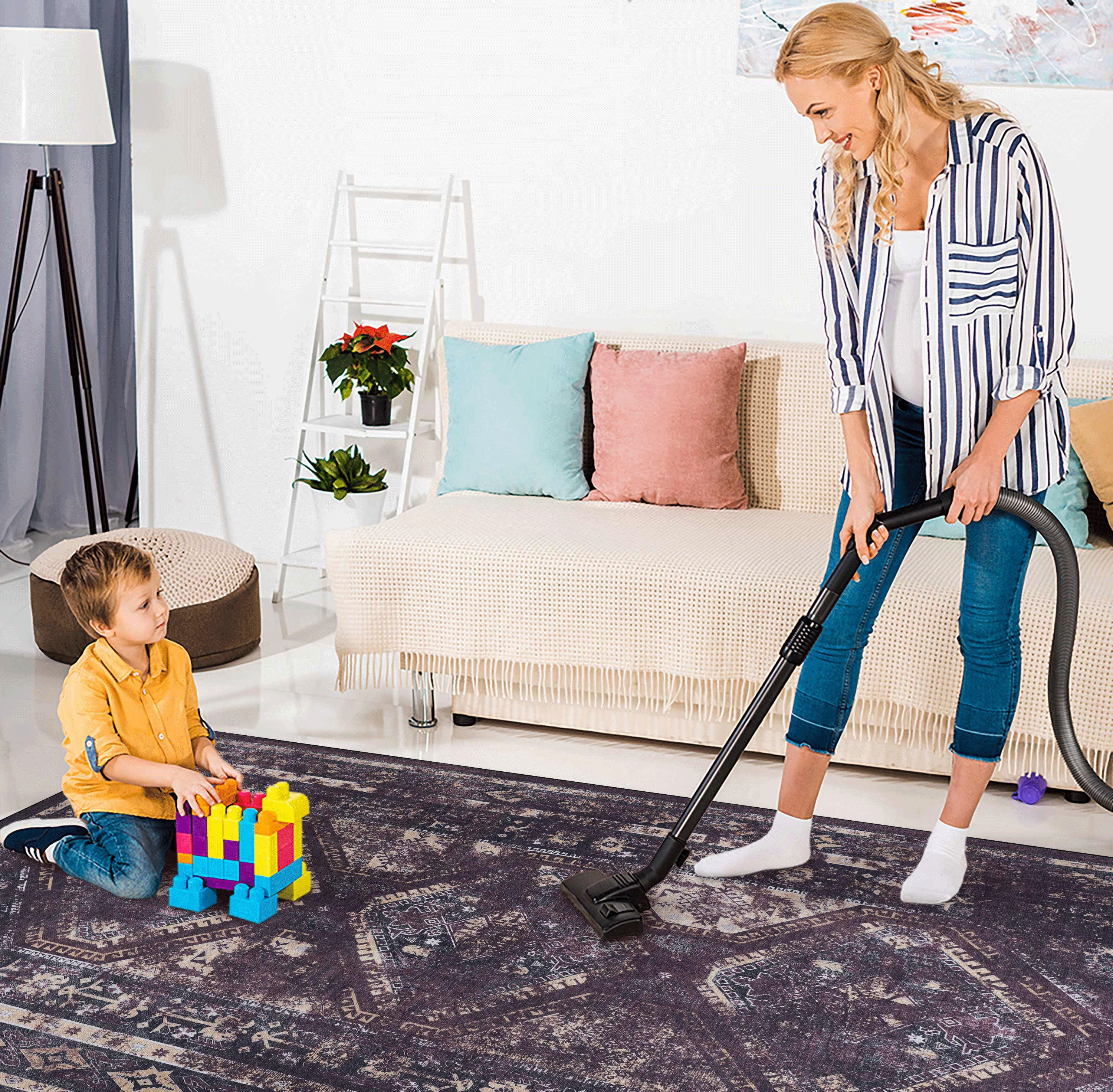 Area Rugs, Washable Rug, Low-Pile, Non-Slip, Non-Shedding, Foldable, Kid & Pet Friendly Area Rugs For Living Room, Bedroom, Kitchen, Dining Room Rug, Perfect Gift - Black / Burgundy