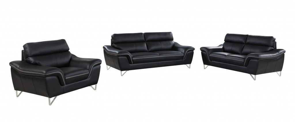 Three Piece Genuine Leather Indoor Six Person Seating Set - Black