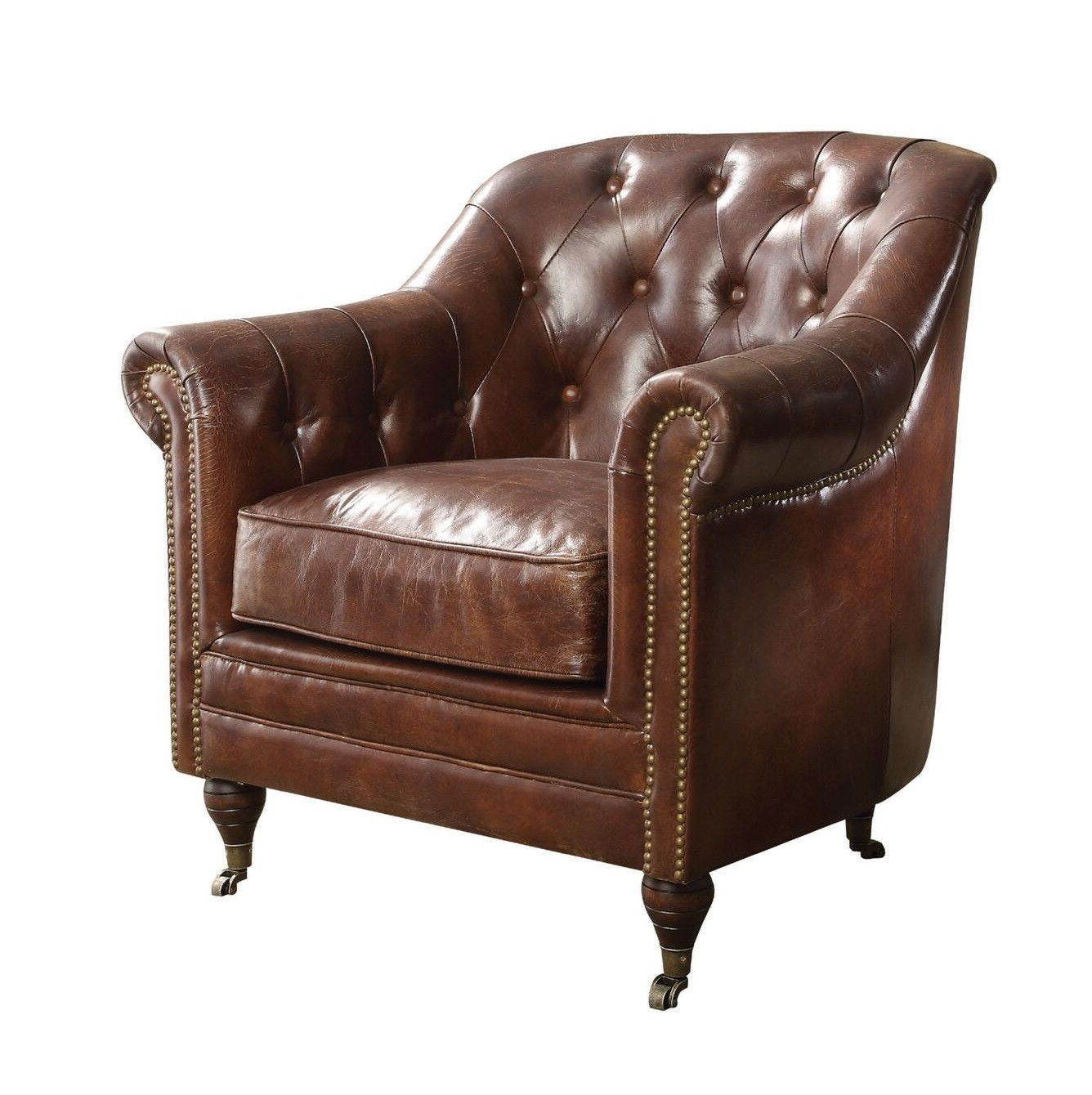 Top Grain Leather Tufted Chesterfield Chair - Brown