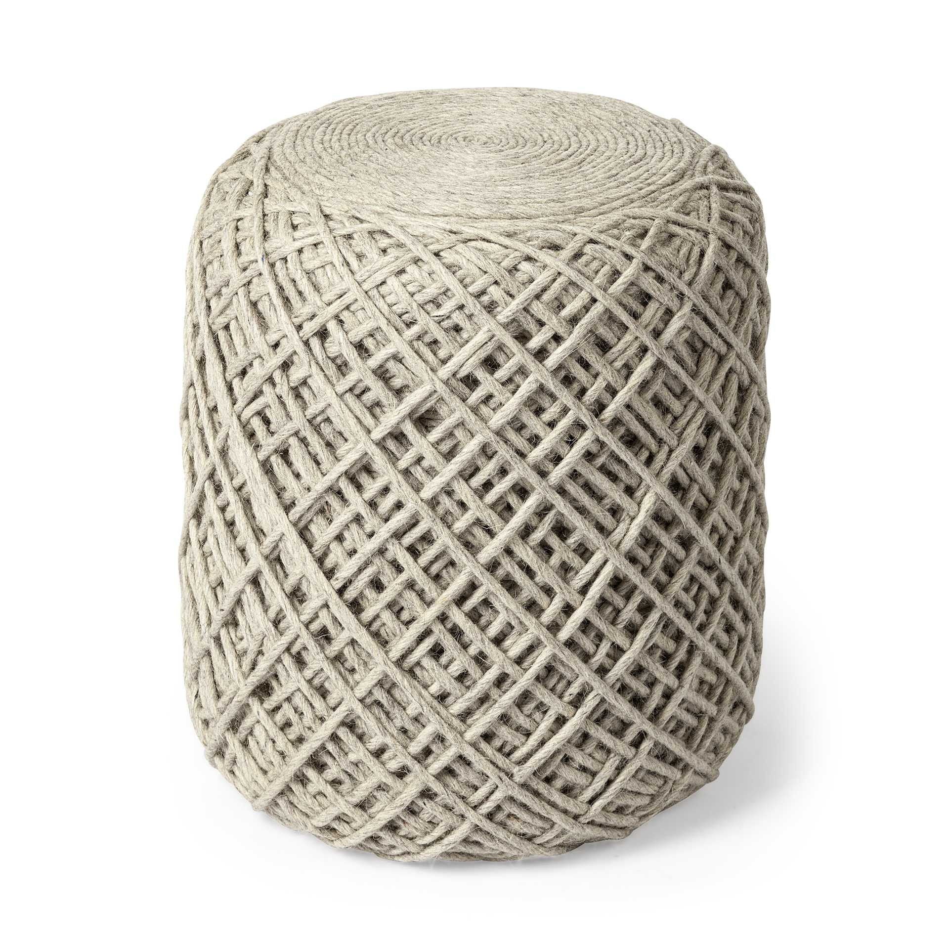 Wool Cylindrical Pouf With Diamond Pattern - Oatmeal