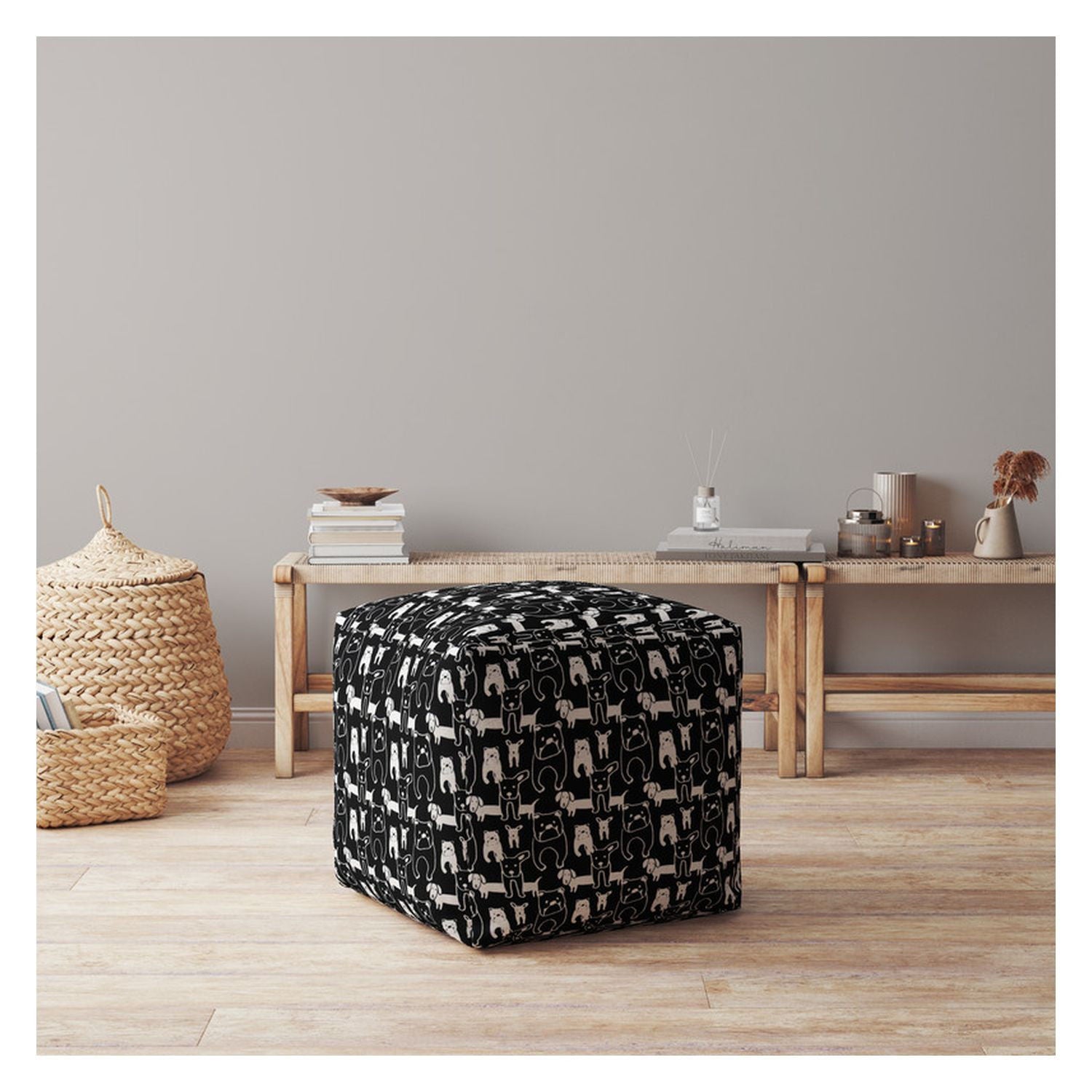 Cotton Animal Print Pouf Ottoman - Black