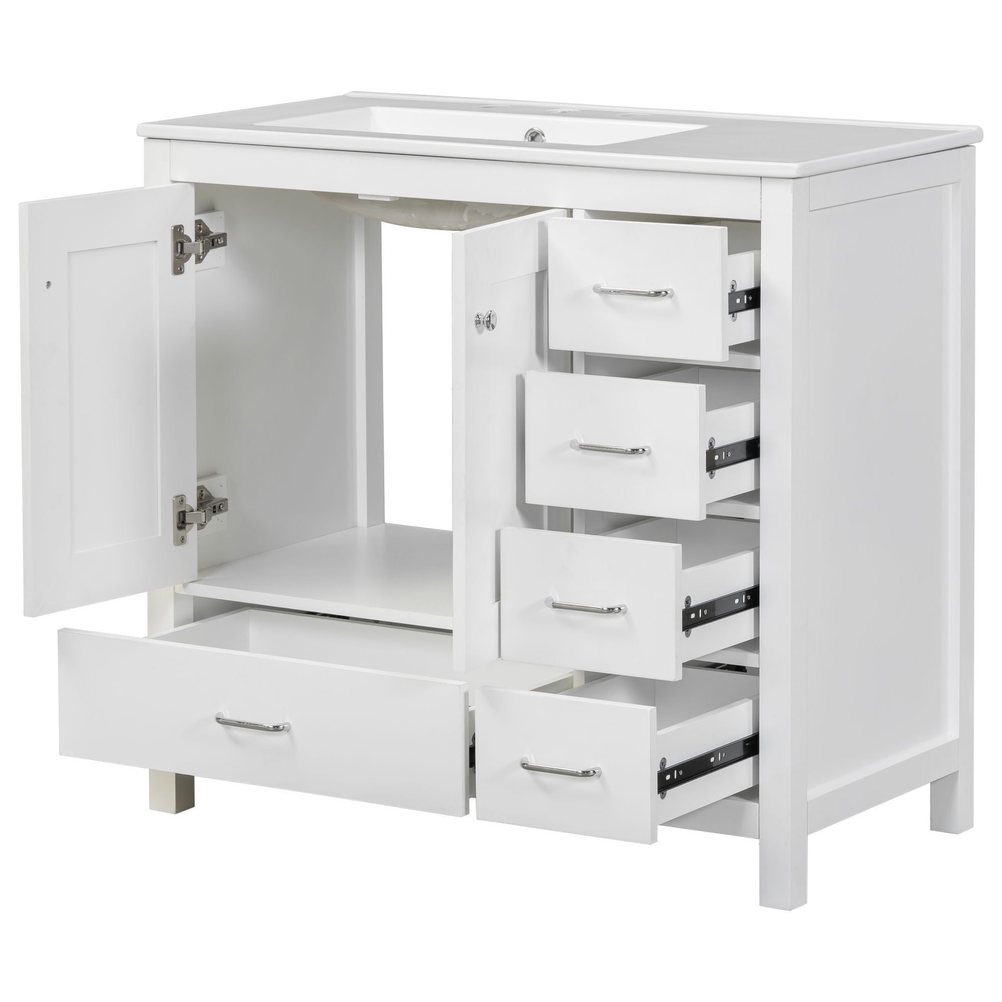 Bathroom Vanity With Ceramic Sink Combo, Abundant Storage Cabinet -2 Soft-Close Doors And 5 Drawers