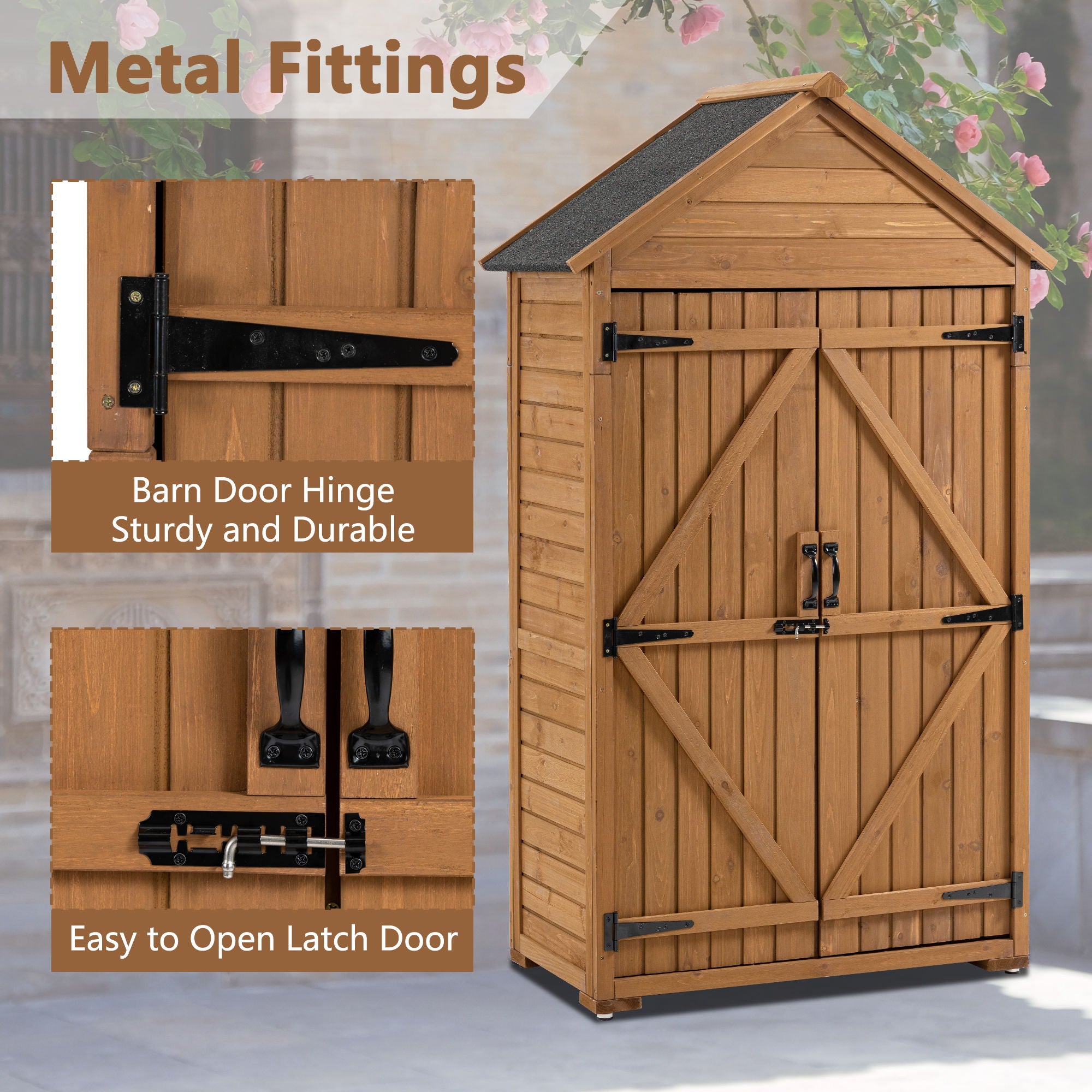 Outdoor Storage Cabinet, Garden Wood Tool Shed, Outside Wooden Shed Closet With Shelves And Latch For Yard