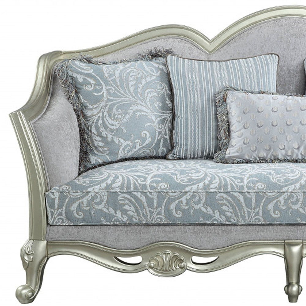 Linen Damask Sofa And Toss Pillows With Champagne Legs - Light Gray