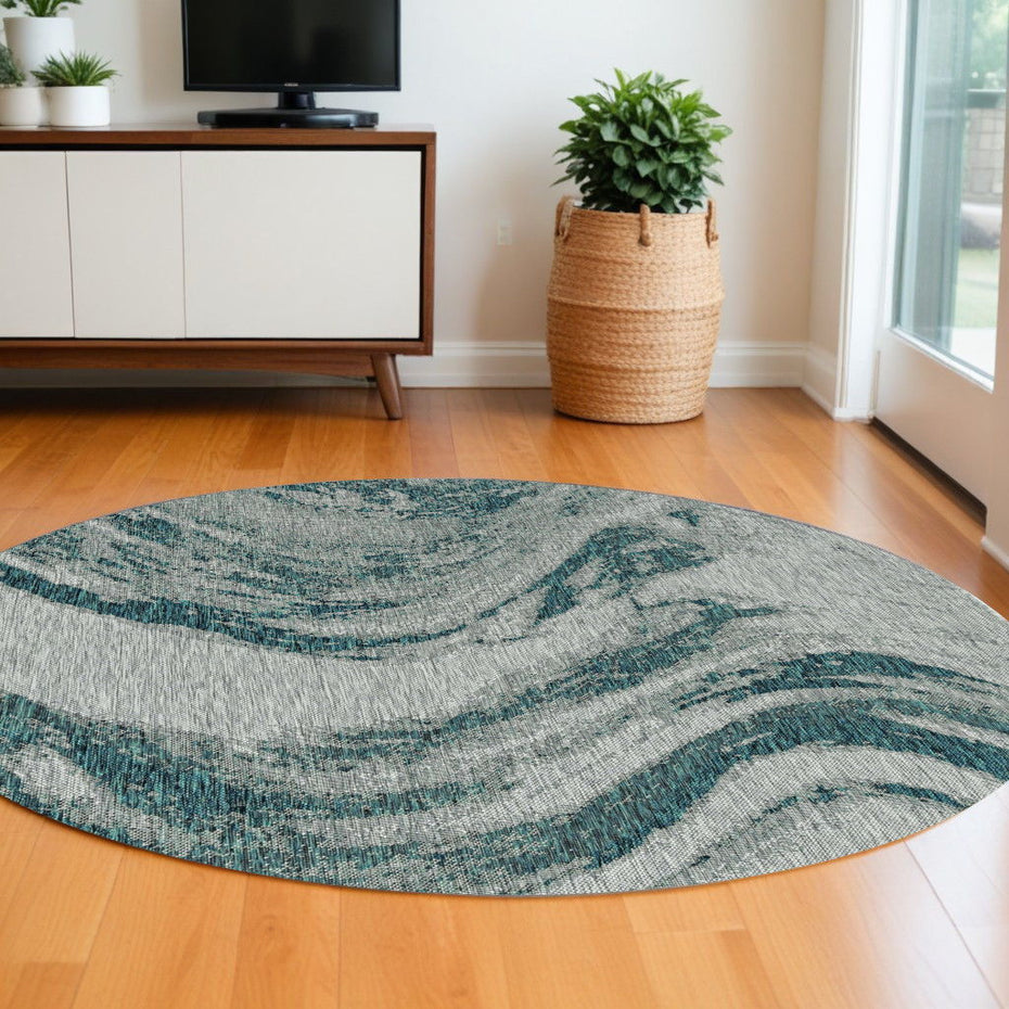 8' Machine Woven UV Treated Marble Indoor / Outdoor Round Area Rug - Teal Gray