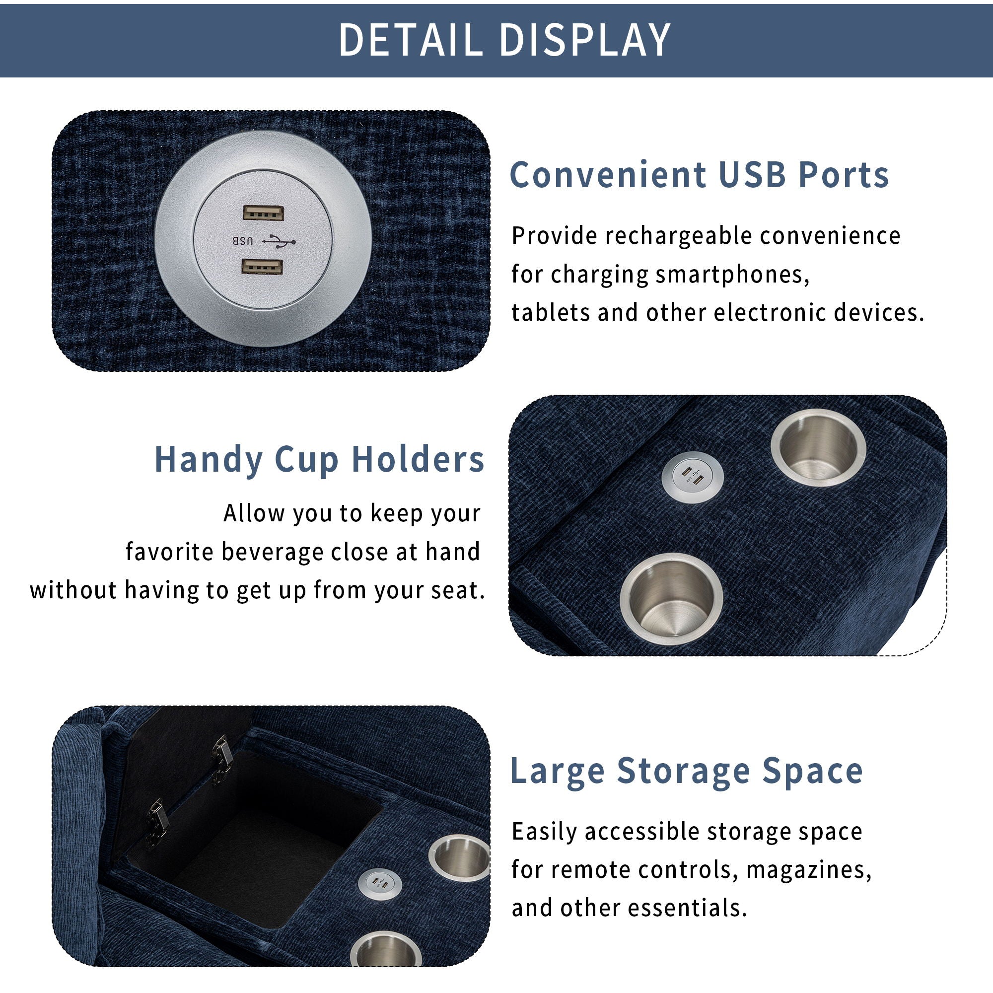 Sectional Sofa Chenille Upholstered Sofa With Two Removable Ottoman, Two USB Ports, Two Cup Holders And Large Storage Box For Living Room