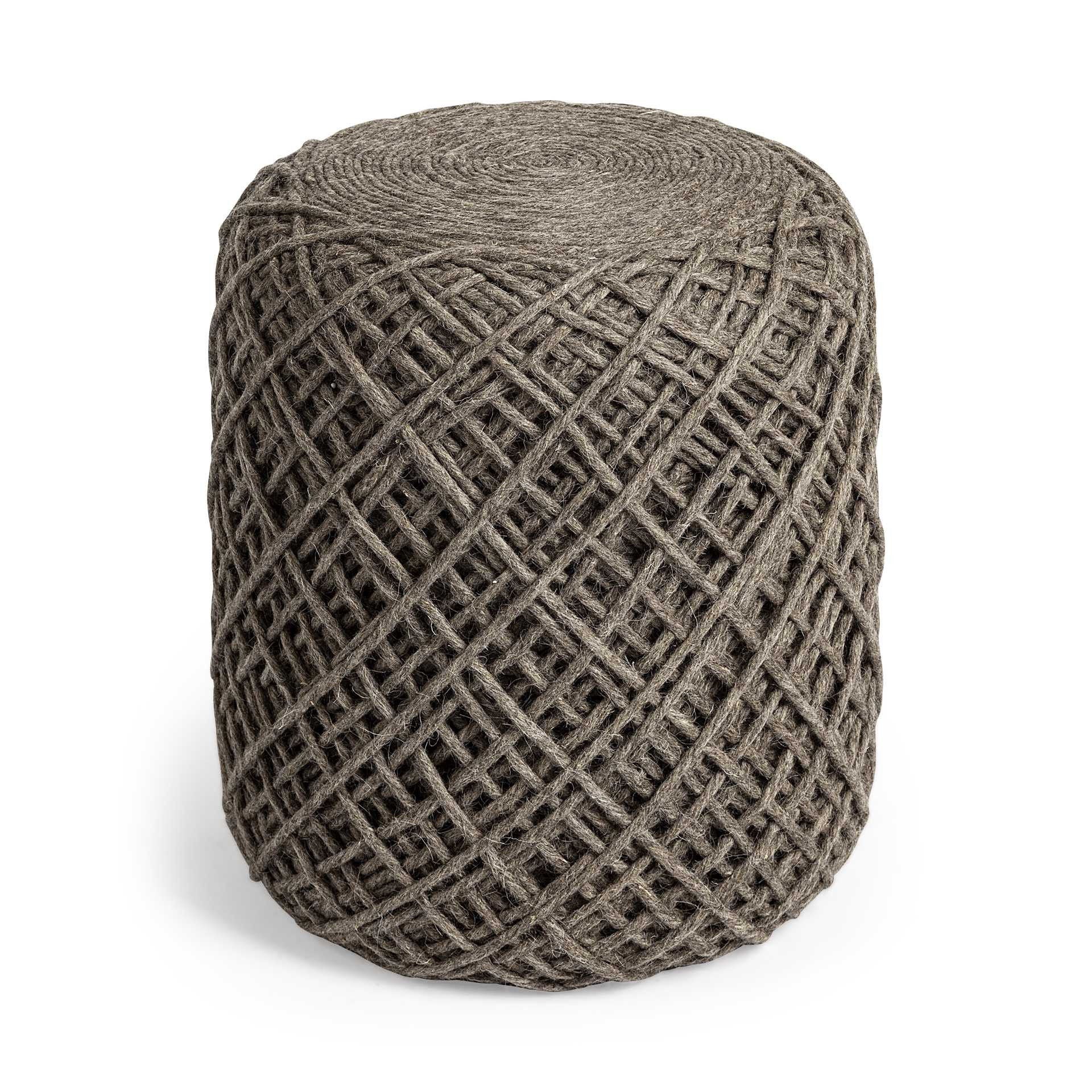 Wool Cylindrical Pouf With Diamond Pattern - Brown