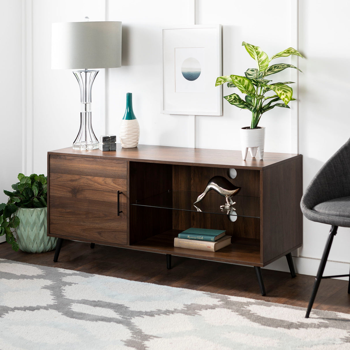 Contemporary Glass Shelf TV Stand For TVs Up To 58 - Dark Walnut by Walker Edison | Bel Furniture