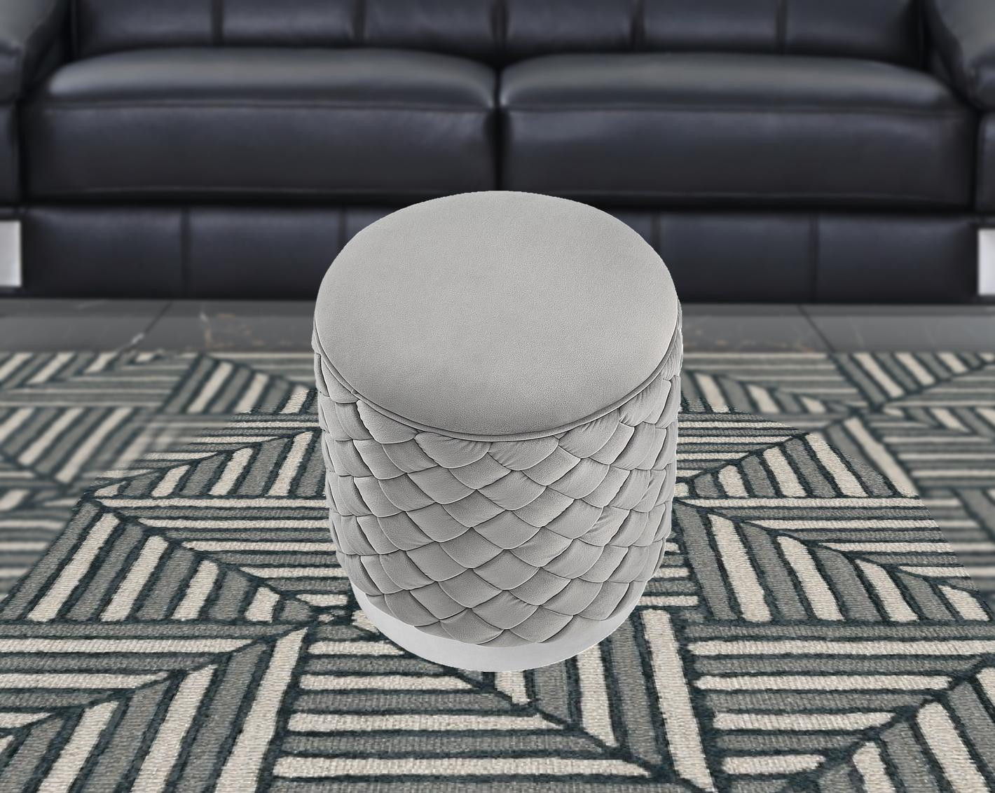 Velvet Round Ottoman - Gray / Silver