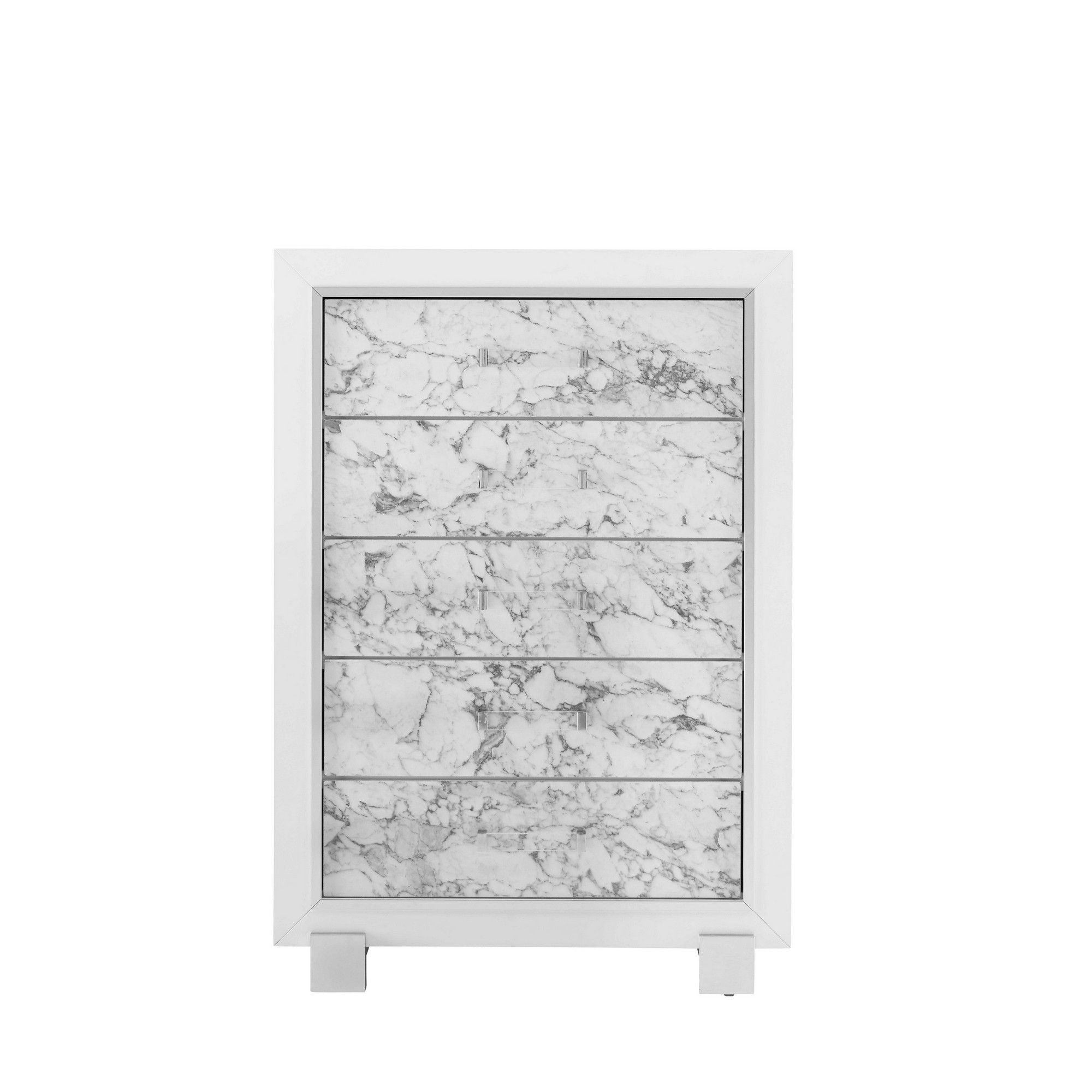 Modern Chest With 5 Faux Marble Detailed Front Drawer. - White