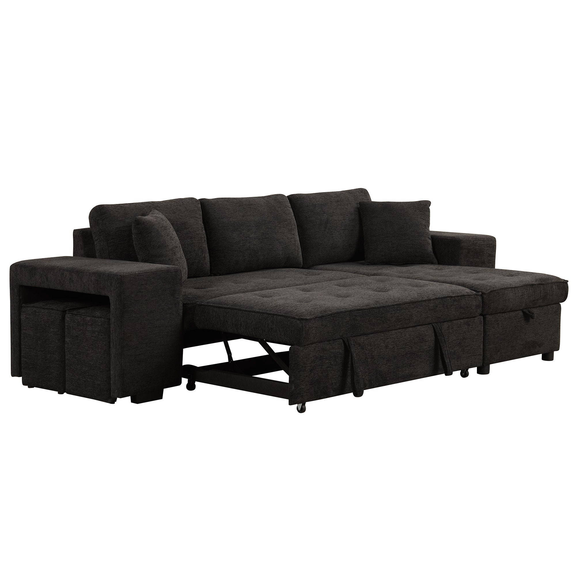 Modern L-Shape 3 Seat Reversible Sectional Couch, Pull Out Sleeper Sofa With Storage Chaise And 2 Stools For Living Room Furniture Set