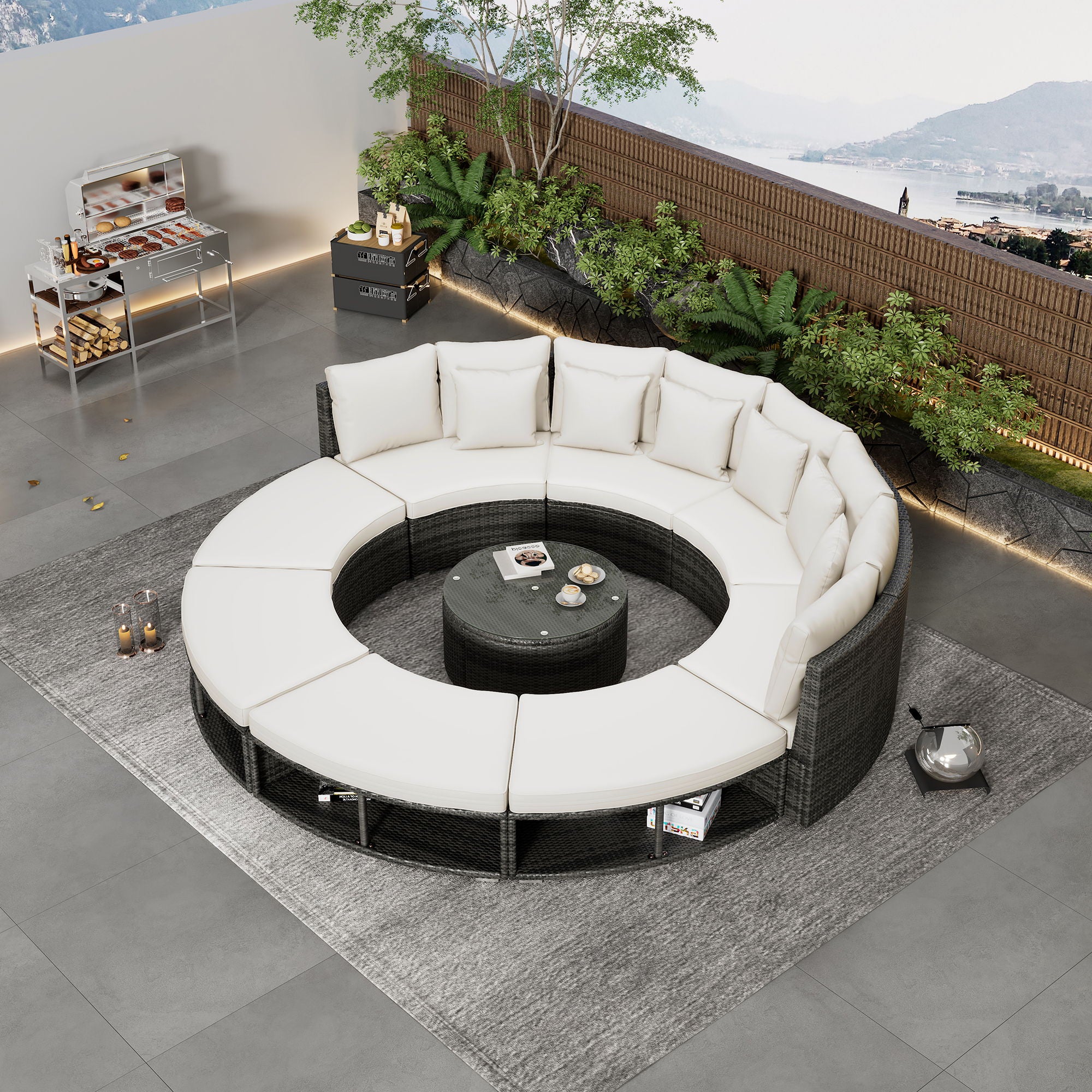 Outdoor Patio Furniture Luxury Circular Sofa Set Rattan Wicker Sectional Sofa Lounge Set With Tempered Glass Coffee Table, 6 Pillows