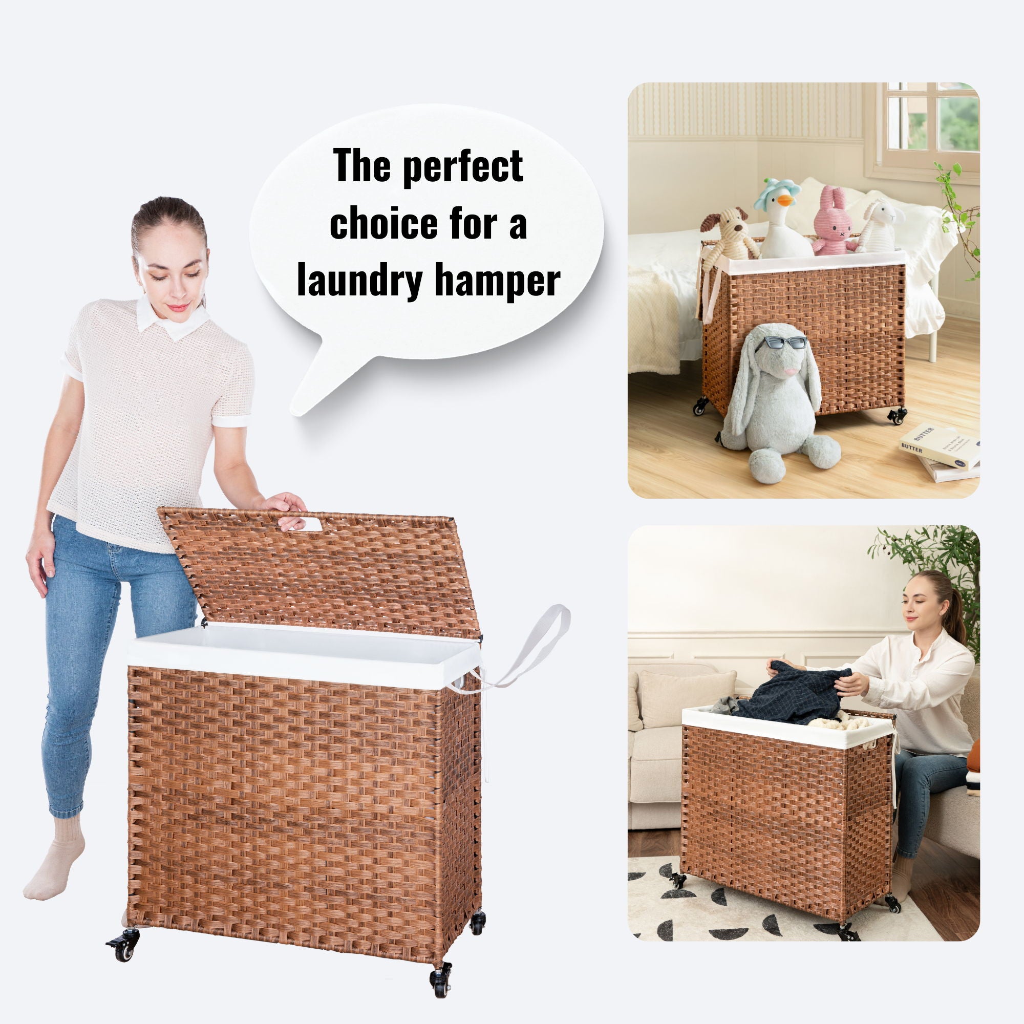 Laundry Hamper With Lid PE Rattan Powder Coating Frame Clothes Hampers With 2 Removable Bags