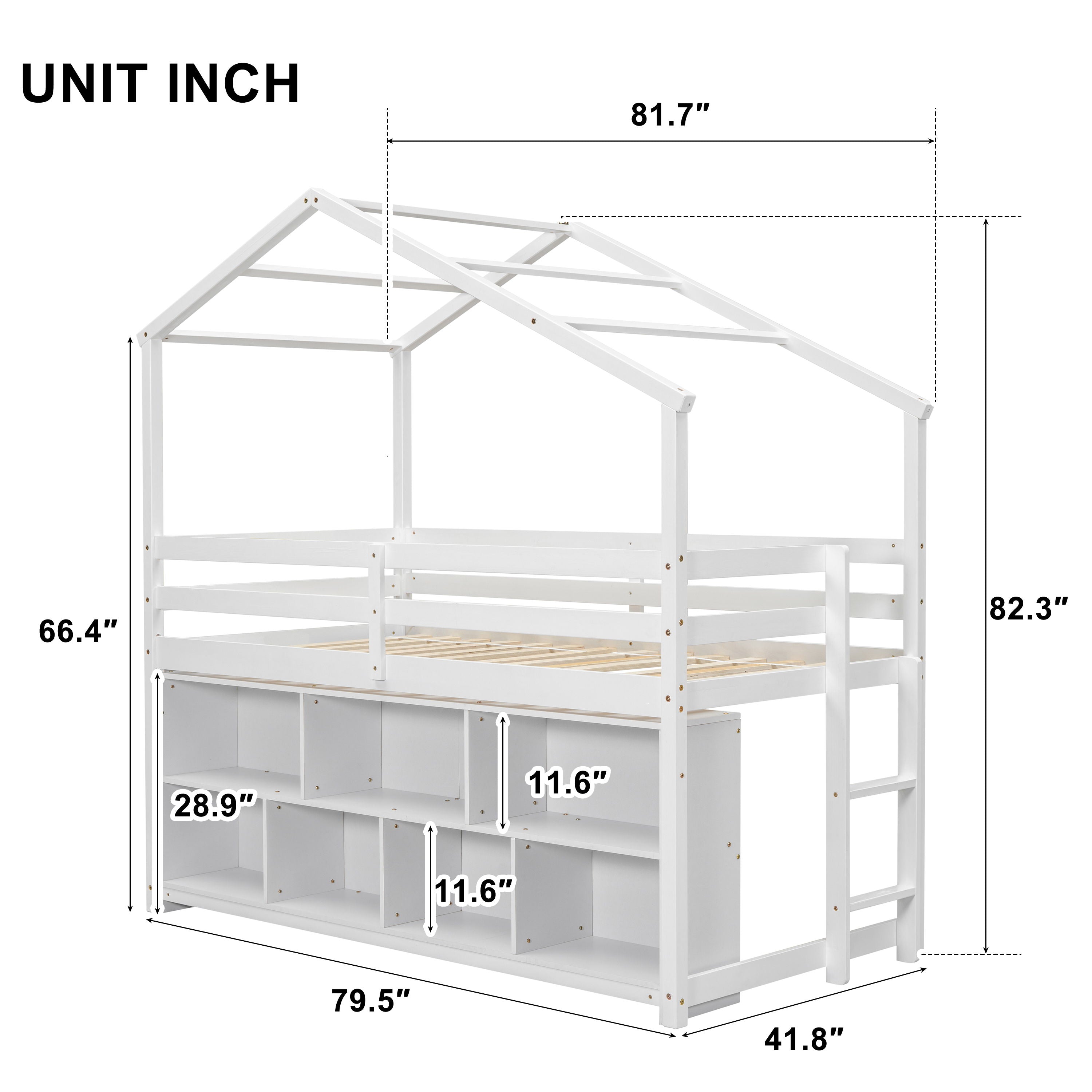 House Loft Bed With Roof Frame, Under Bed Shelving Storage Unit, Guardrails, Ladder