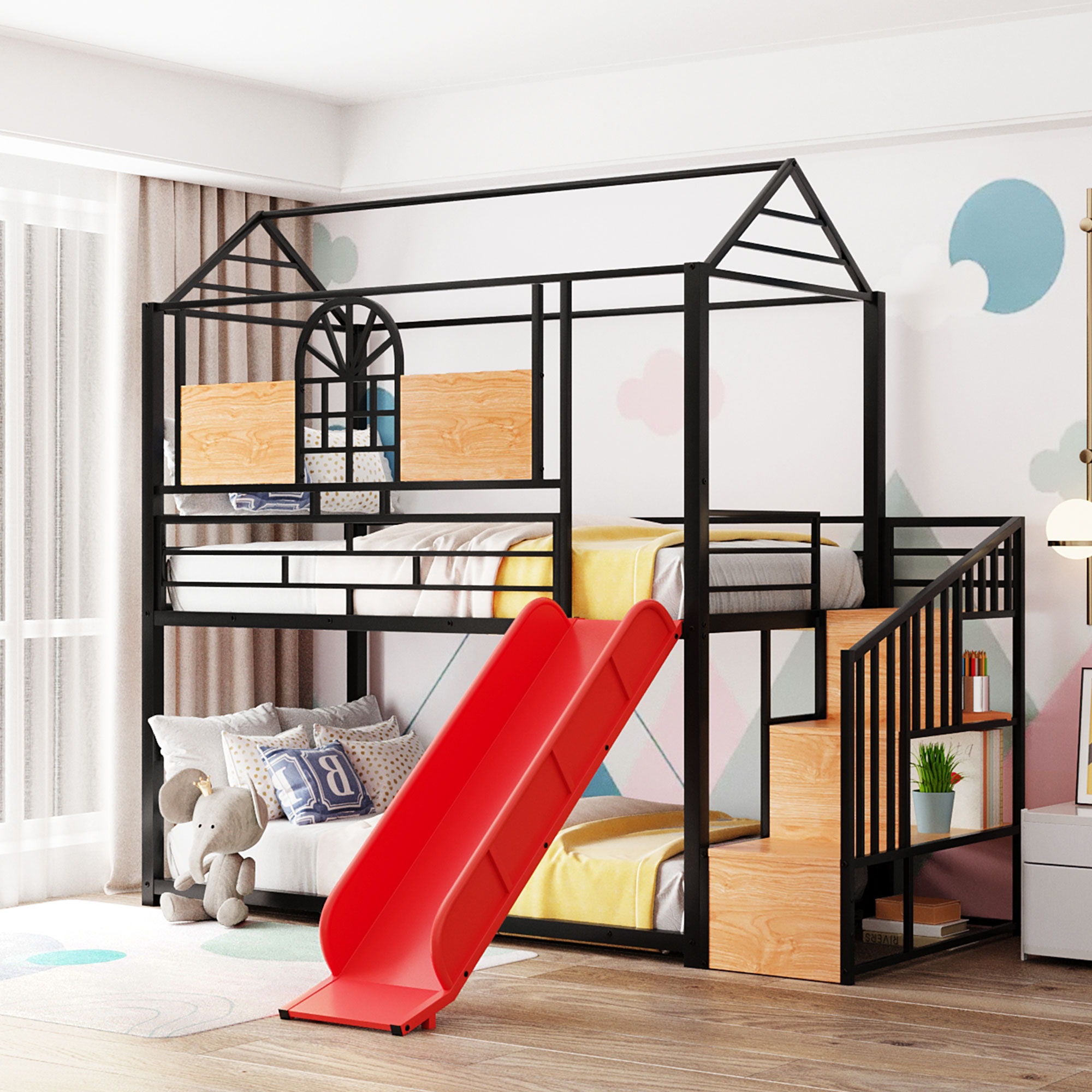 Metal Bunk Bed, Metal Housebed With Slide And Storage Stair