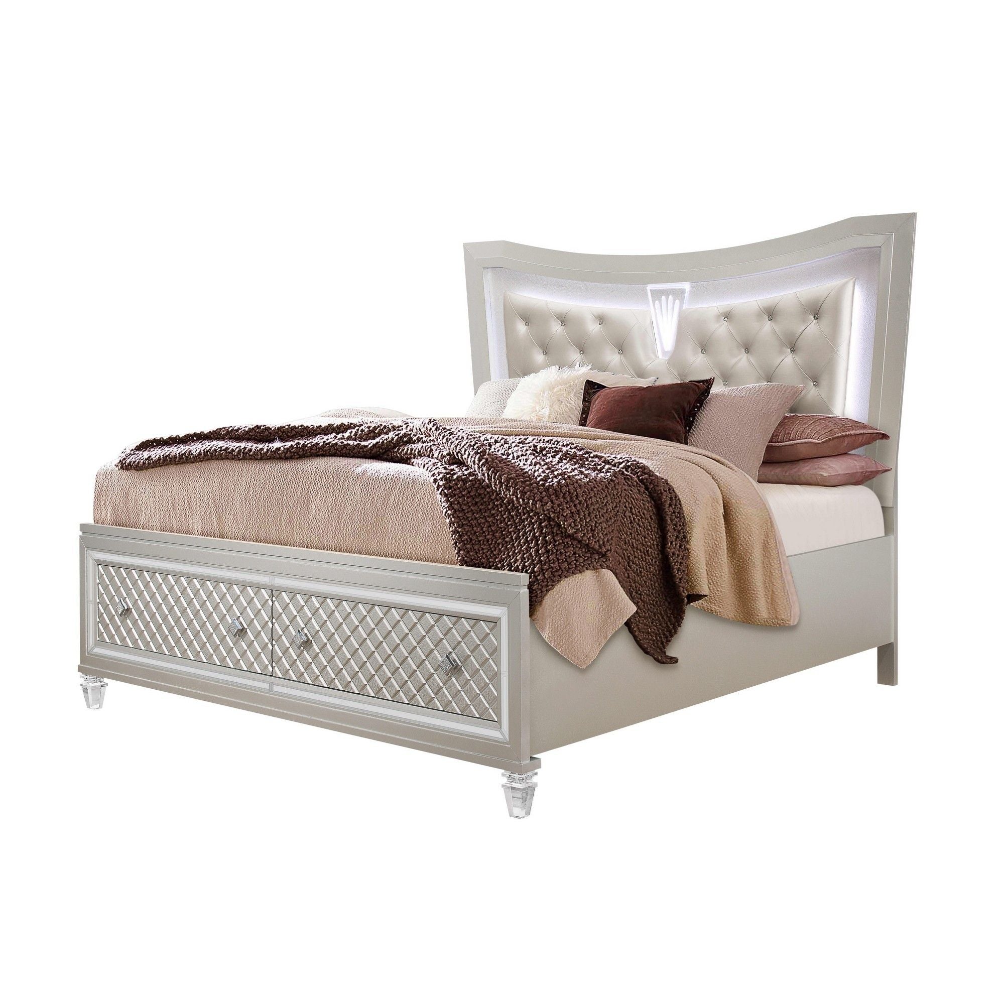 Queen Bed With Padded Headboard Led Lightning 2 Drawer - Champagne Tone