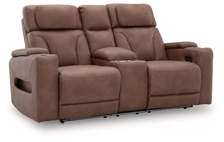 Clean-Slate - Caramel - Power Reclining Loveseat With Console / Adj Headrest by Signature Design by Ashley® | Bel Furniture