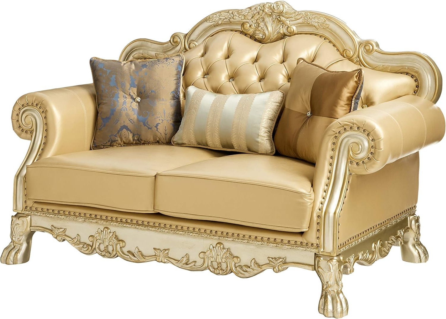 Faux Leather Loveseat And Toss Pillows - Bone / Gold