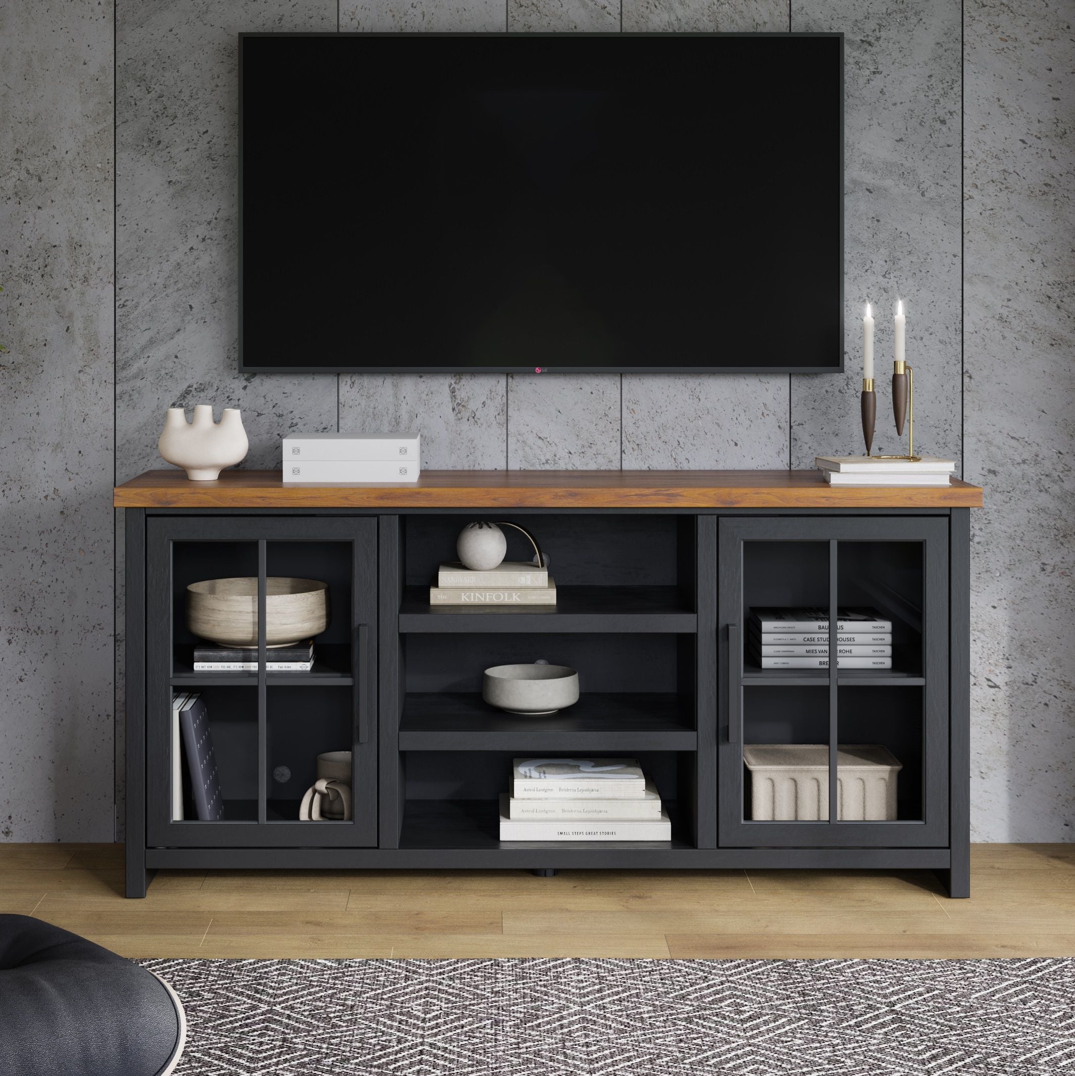 Essex - TV Stand Console For TVs Up To 80" - Black, Whiskey