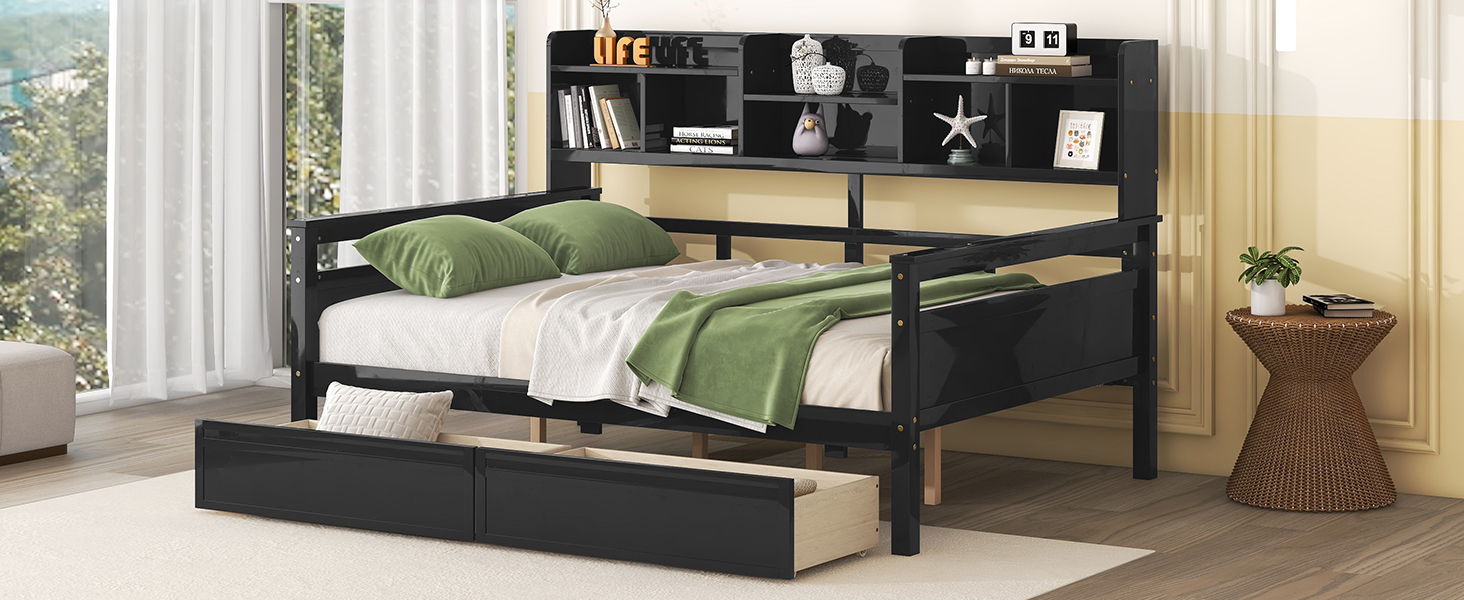 Daybed, Wood Slat Support, With Bedside Shelf And Two Drawers