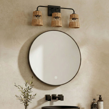 Moonlit - 3 Lights Wall Sconce With Shade, Bathroom Lighting Fixtures Over Mirror - Black / Rattan - view 6