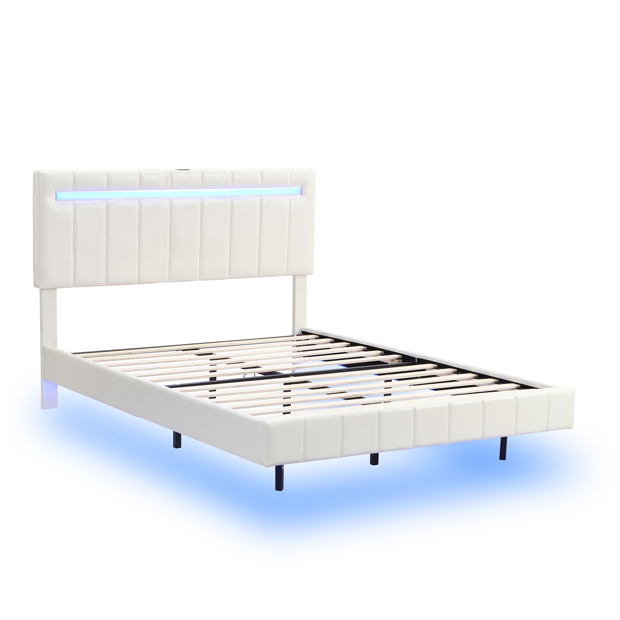 Queen Size Floating Bed Frame With LED Lights And USB Charging, Modern Upholstered Platform LED Bed Frame - White