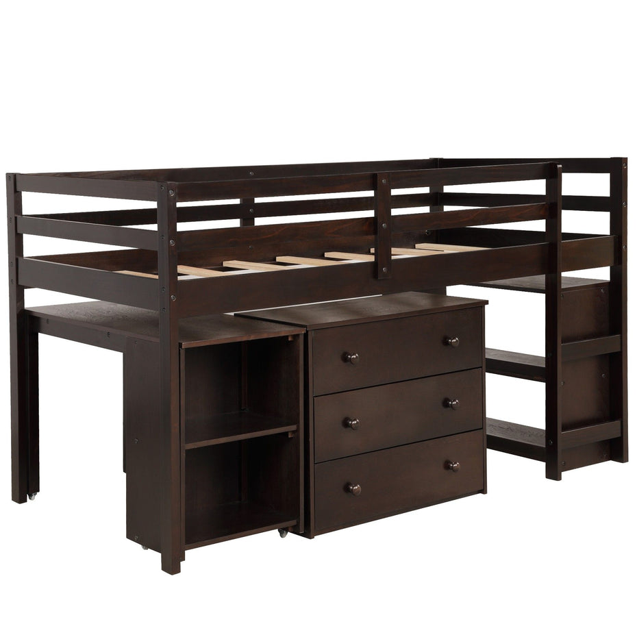 Low Twin Loft Bed With Cabinet and Desk - Brown