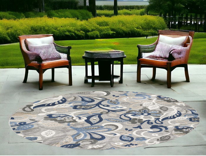 8’ Round Jacobean Floral Indoor / Outdoor Area Rug - Gray Blue