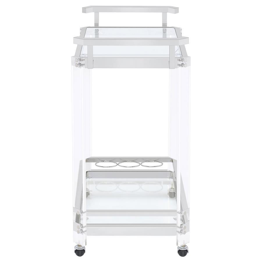 Jefferson - 2-Tier Glass Shelf Acrylic Bar Cart - Chrome by CoasterEssence | Bel Furniture