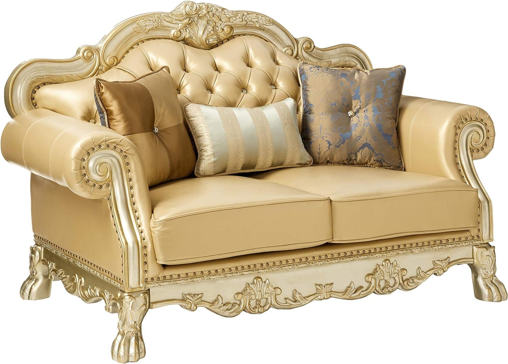 Faux Leather Loveseat And Toss Pillows - Bone / Gold