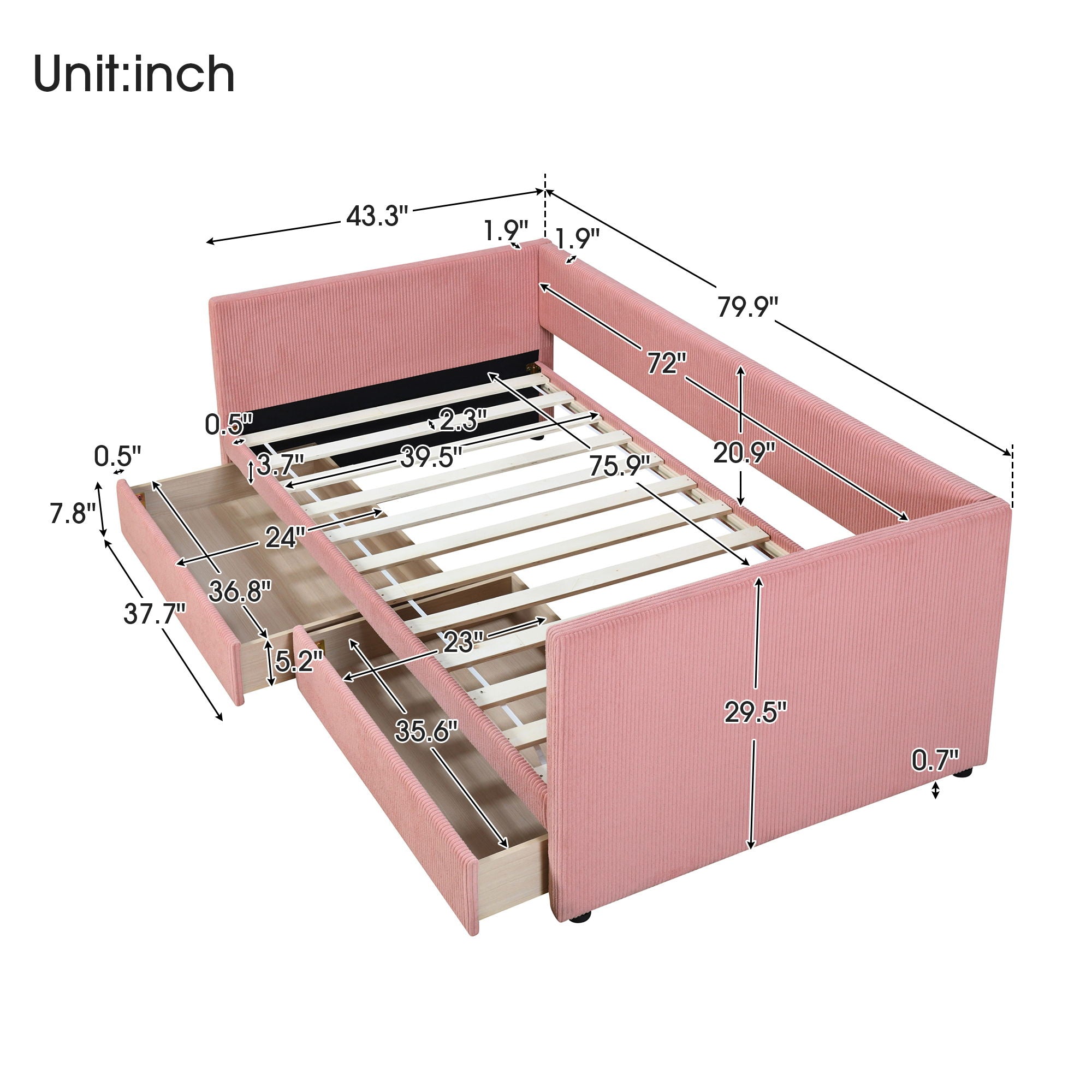 Twin Size Corduroy Daybed With Two Drawers And Wood Slat