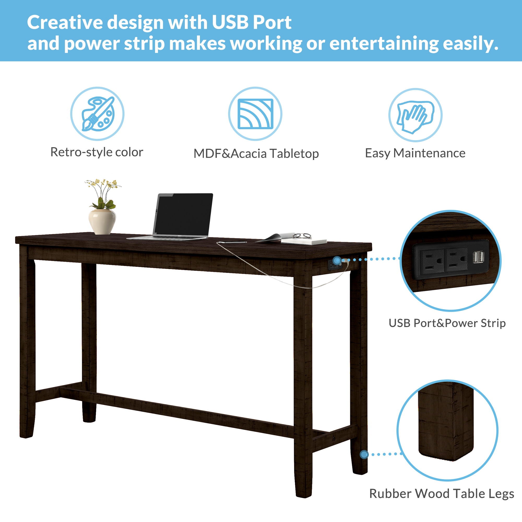 Topmax - 4 Pieces Counter Height Table With Fabric Padded Stools, Rustic Bar Dining Set With Socket