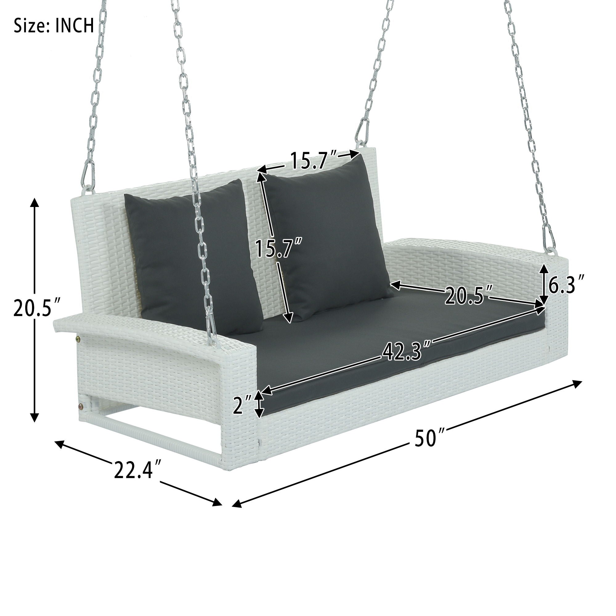 2 Person Wicker Hanging Porch Swing With Chains, Cushion, Pillow, Rattan Swing Bench For Garden, Backyard