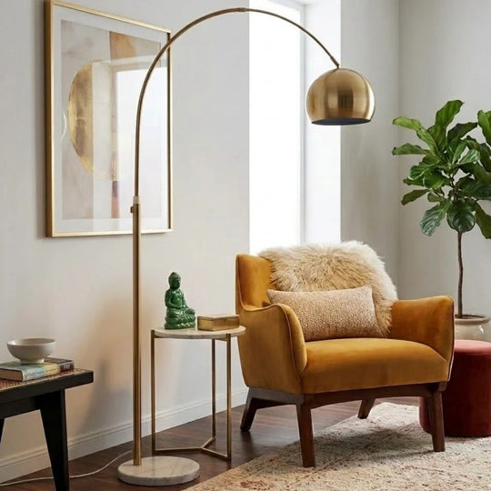 Oasis - Long Arm Gold Adjustable Floor Lamp With Round Marble Base - Gold / White Marble