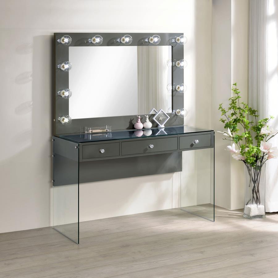 Afshan - 3-Drawer Vanity Set With Lighting - Gray High Gloss by CoasterEssence | Bel Furniture