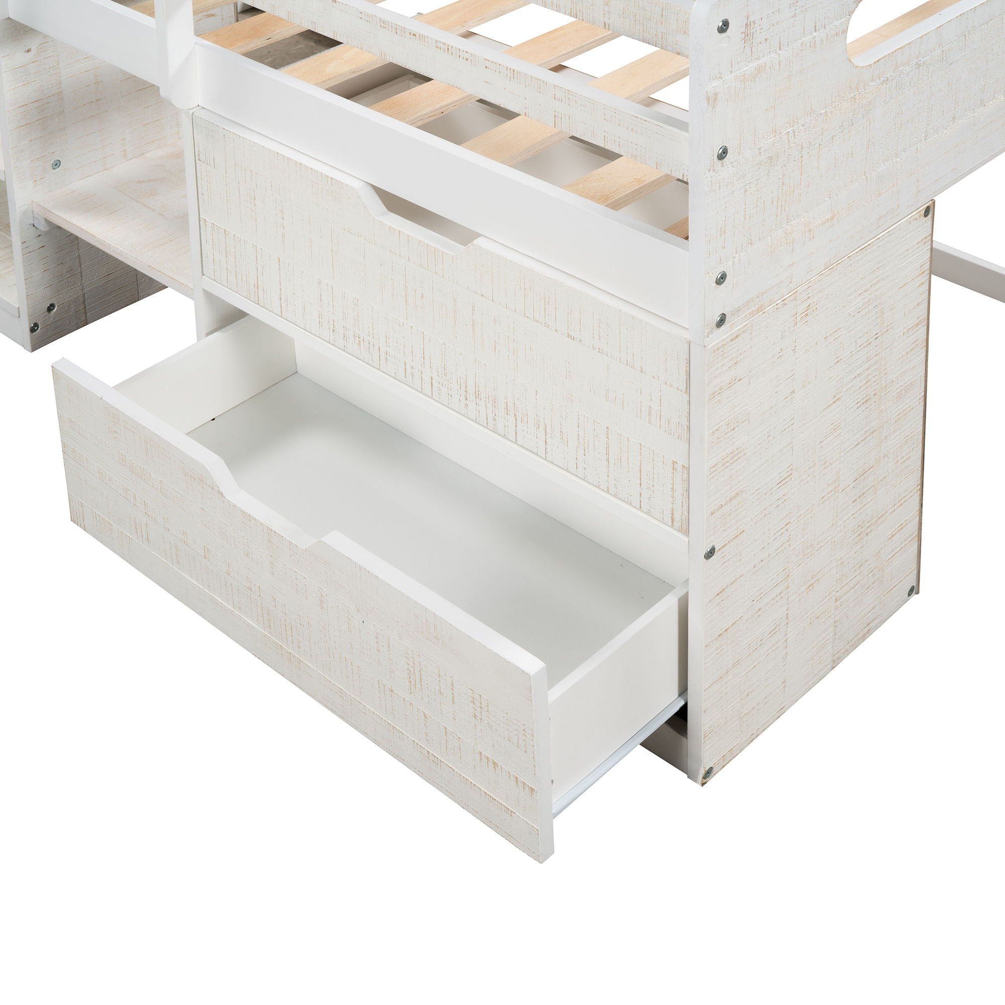 Twin Size Loft Bed With Two Shelves And Two Drawers